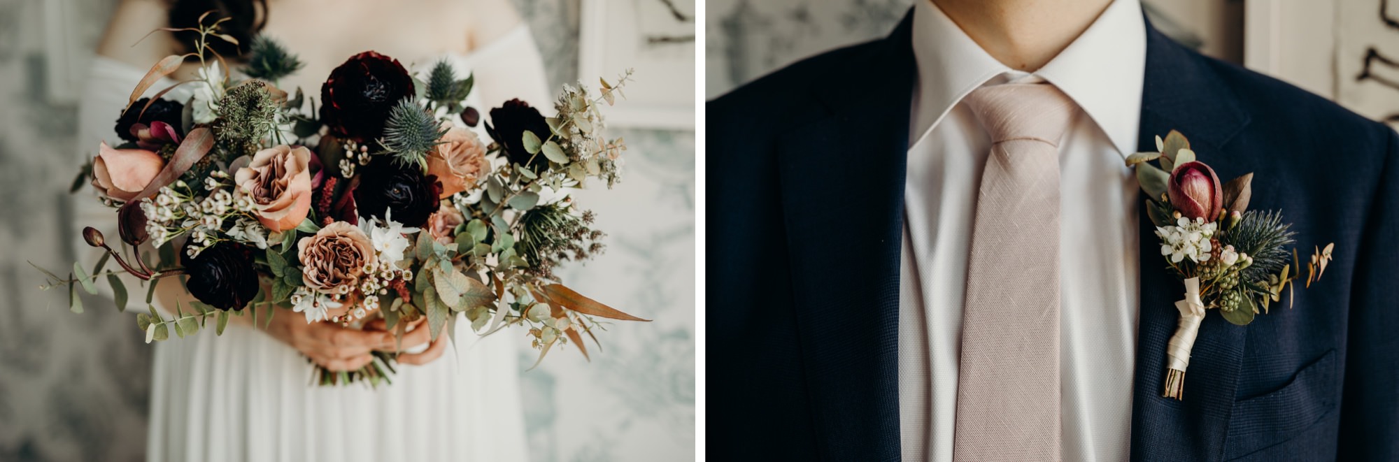 wedding bouquet and boutonniere at the wythe hotel in brooklyn, nyc