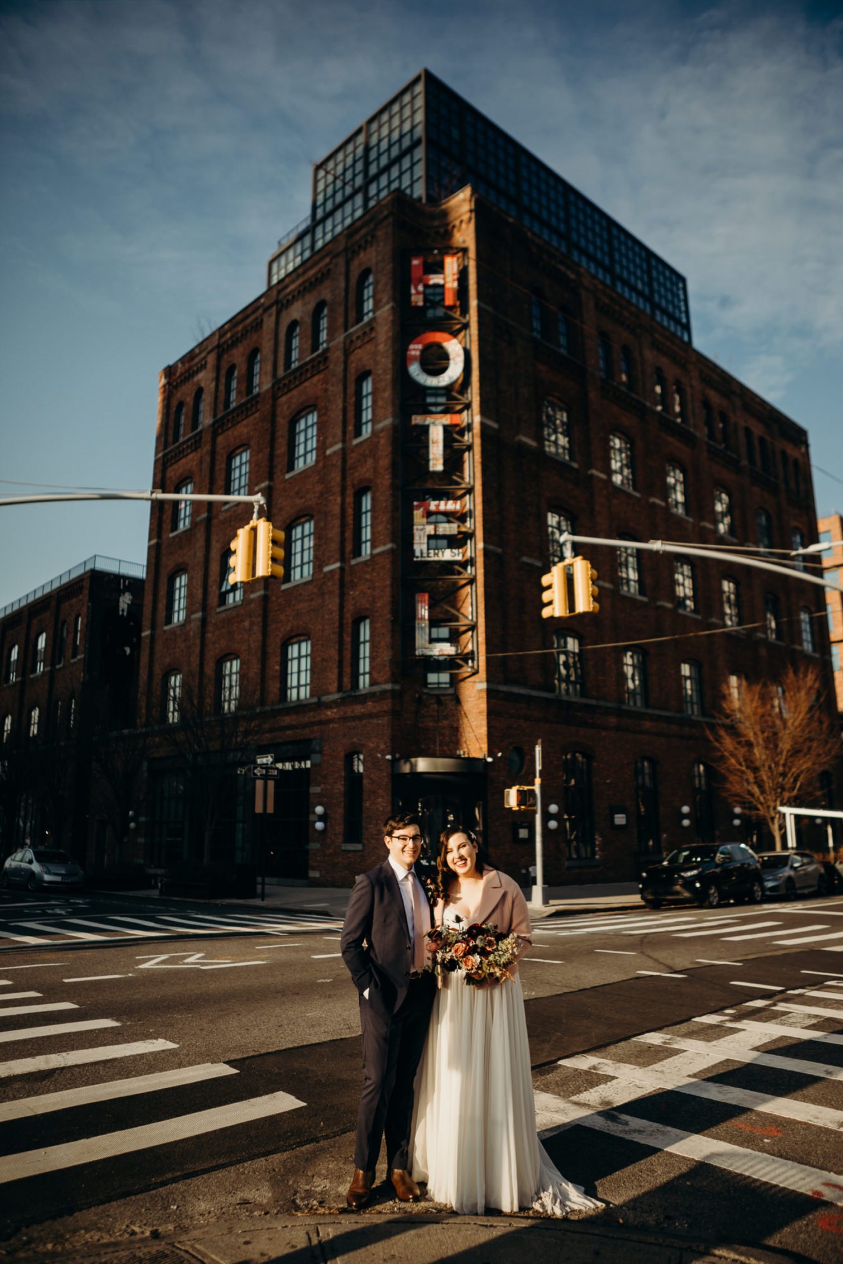 bride and groom wedding portraits outside the wythe hotel in brooklyn, nyc