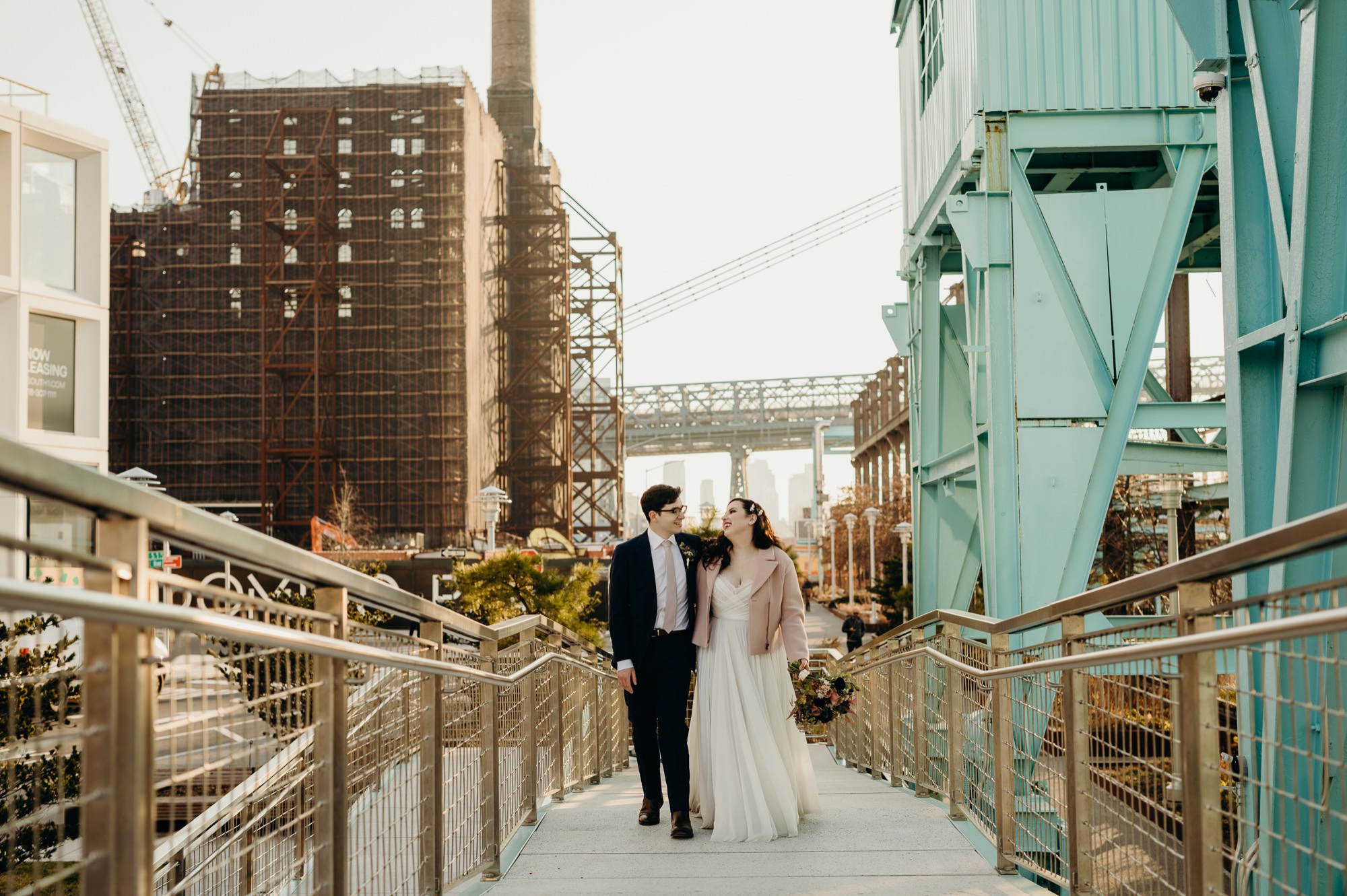 bride and groom wedding portraits at domino park in brooklyn, nyc