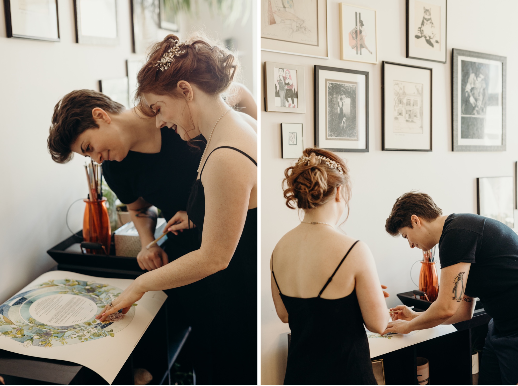 a couple signing their ketubah before their wedding ceremony in bushwick, brooklyn