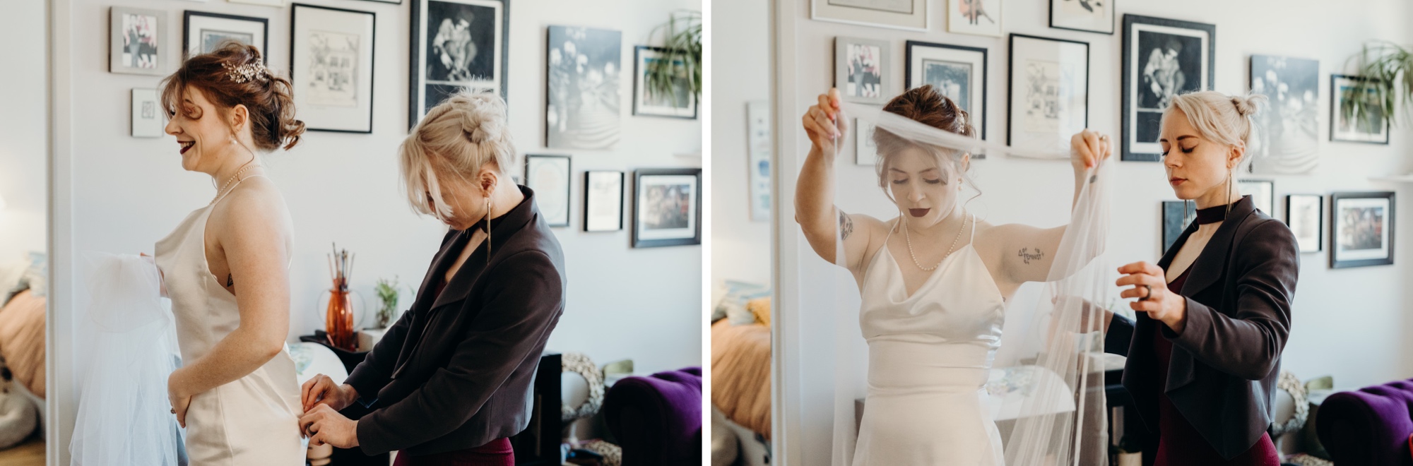 bride getting her dress on before her wedding ceremony in bushwick, brooklyn