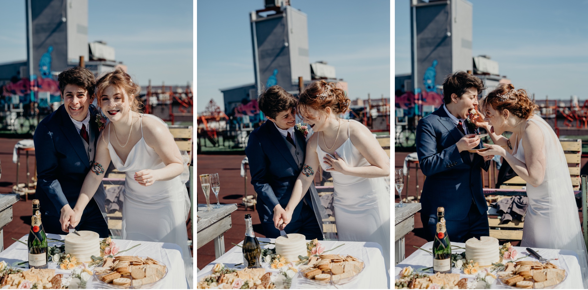 a couple cuts their wedding cake in bushwick, brooklyn, new york city