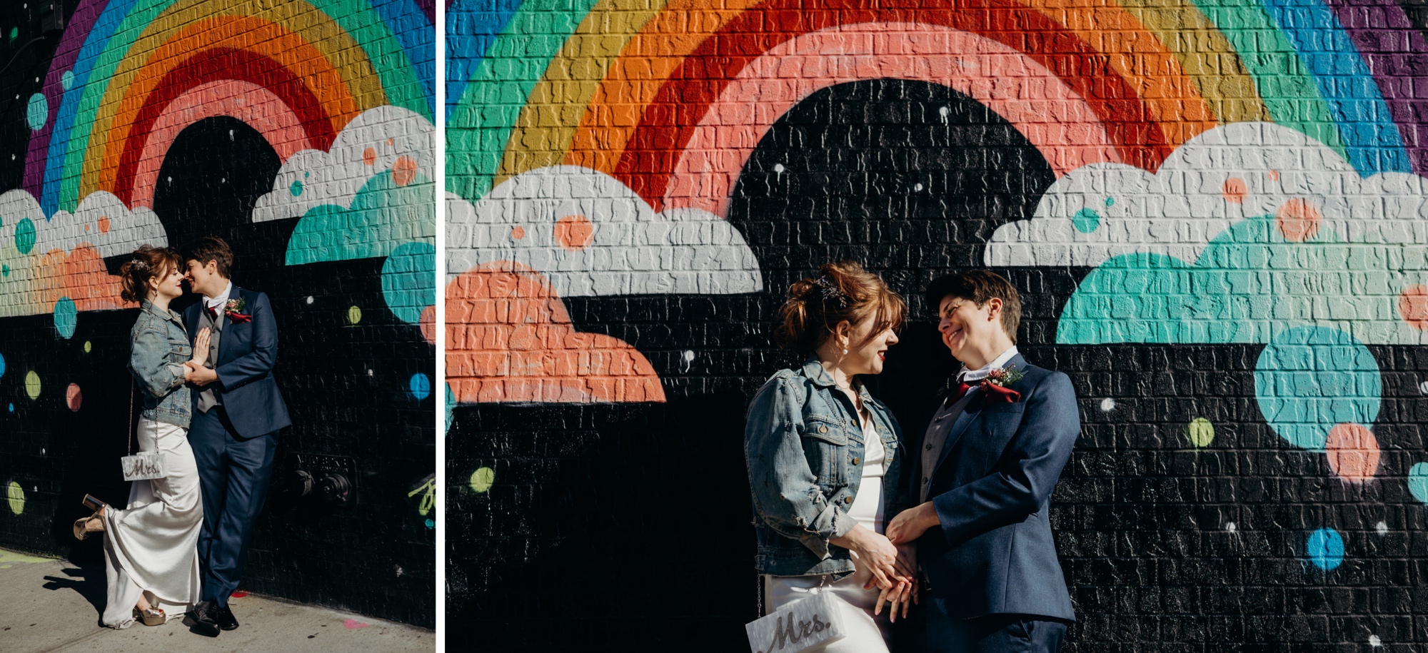 portrait of a couple just married in front of streetart in bushwick, brooklyn, new york city