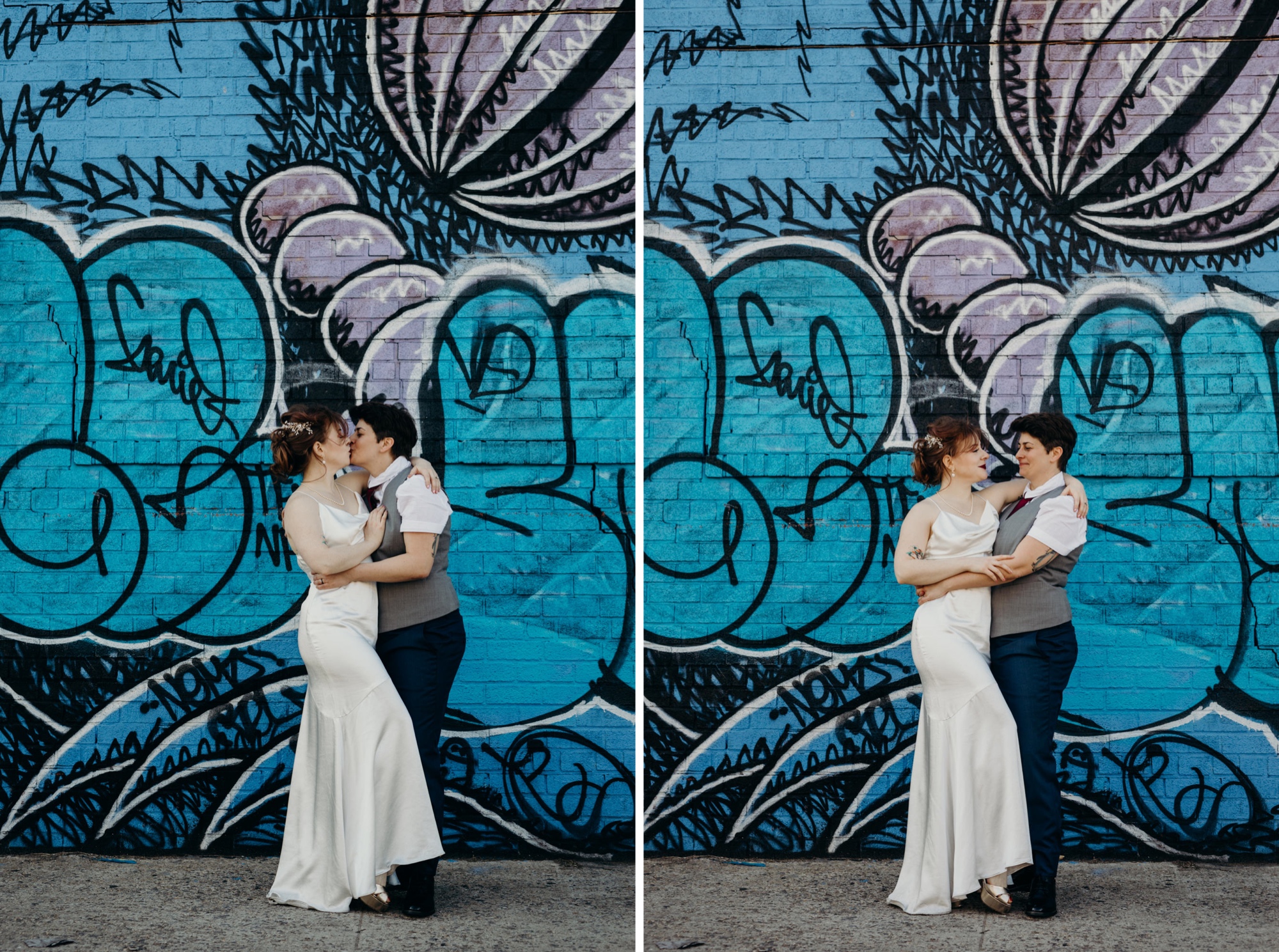 portrait of a couple just married in front of streetart in bushwick, brooklyn, new york city