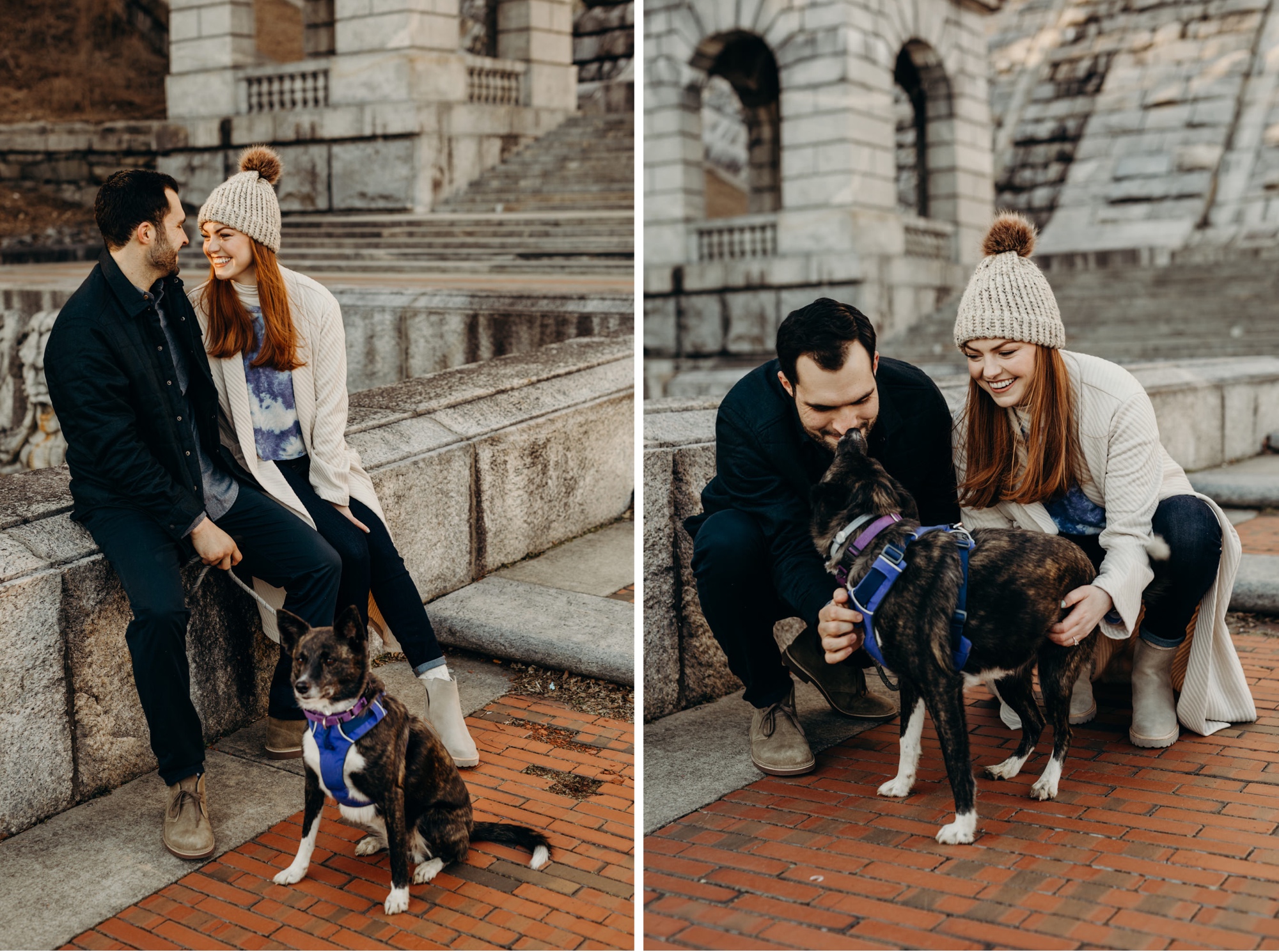 a couple posing for engagement photos with their dog at the kensico dam in white plains, new york