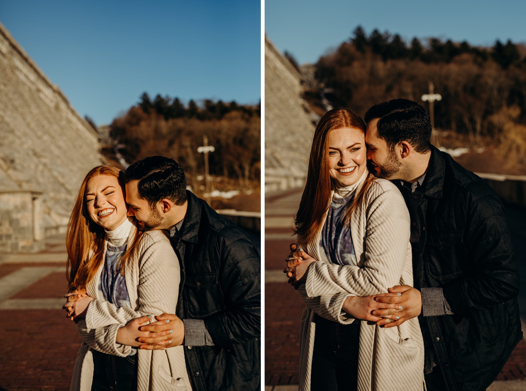 a engagement portrait of a couple hugging at the kensico dam in white plains, new york