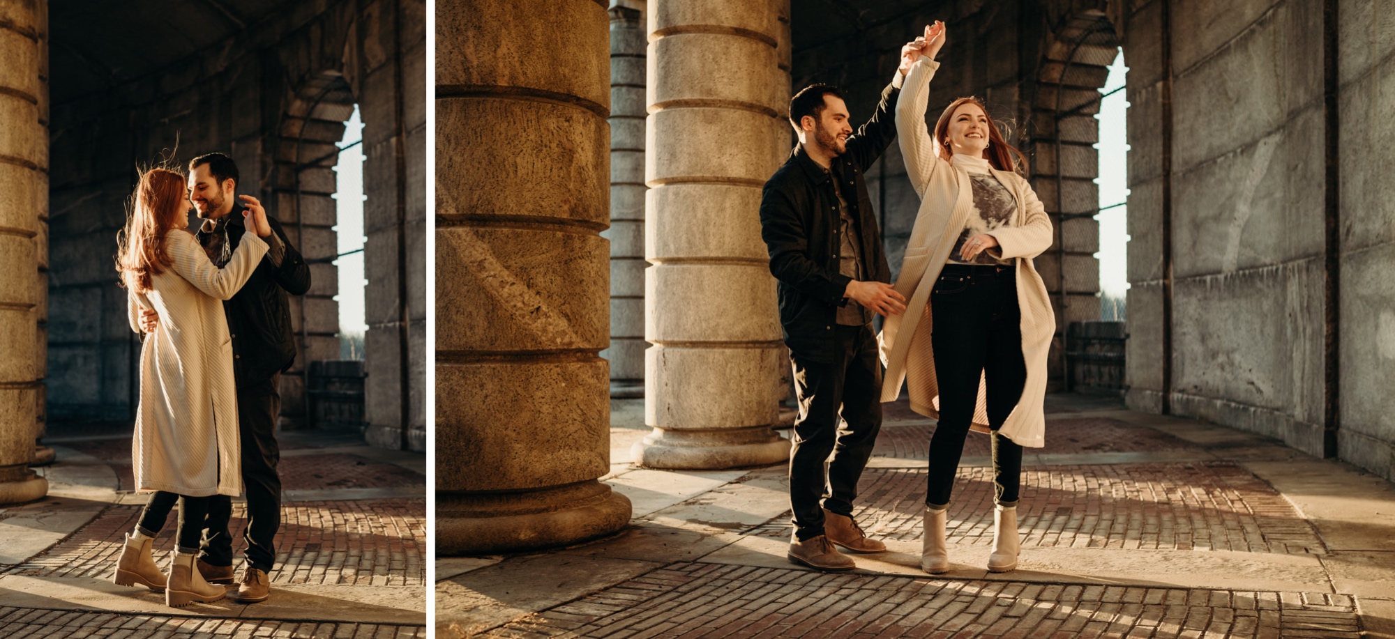a engagement portrait of a couple dancing at the kensico dam in white plains, new york