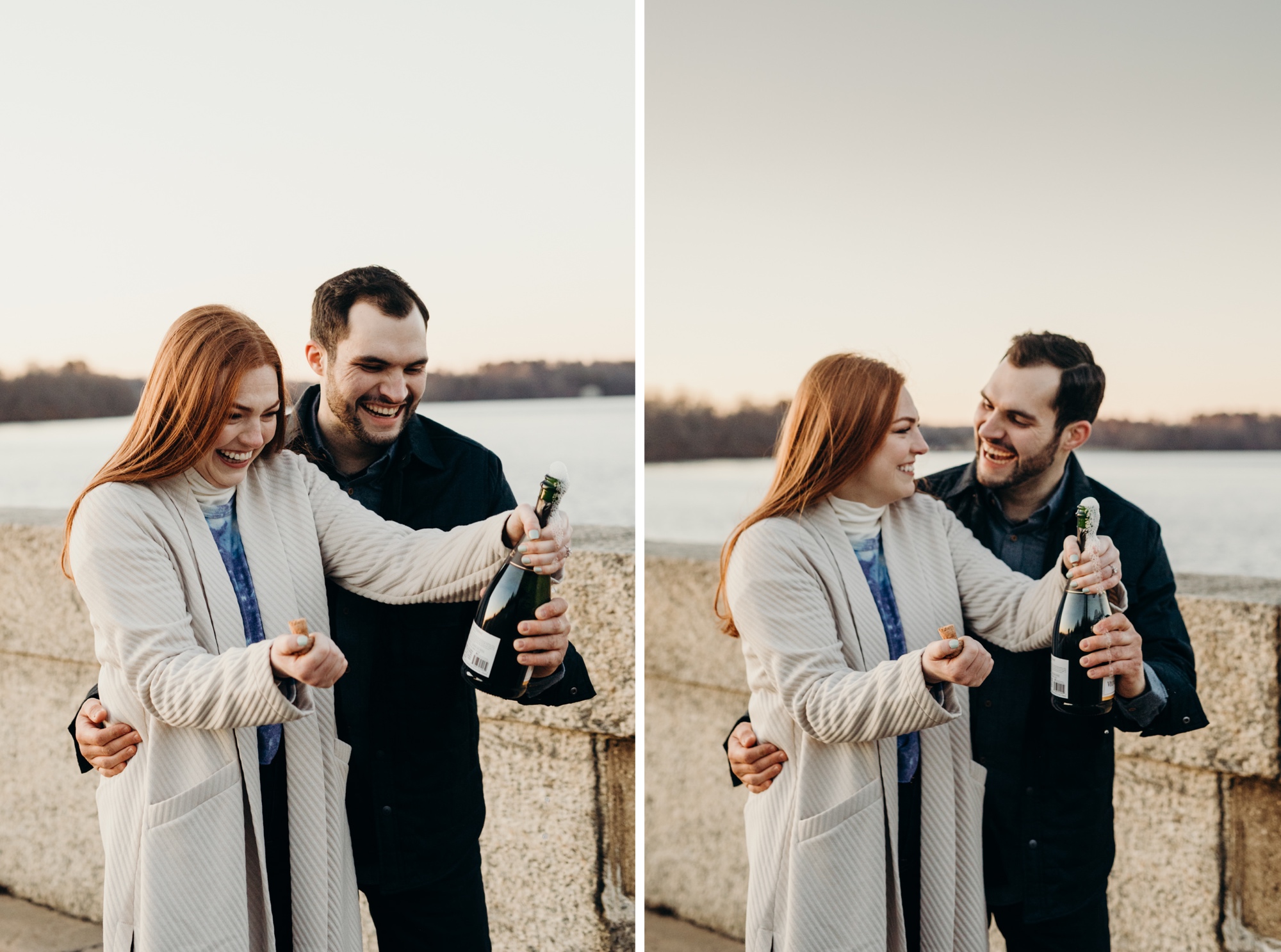 a engagement portrait of a couple popping a champagne bottle at the kensico dam in white plains, new york