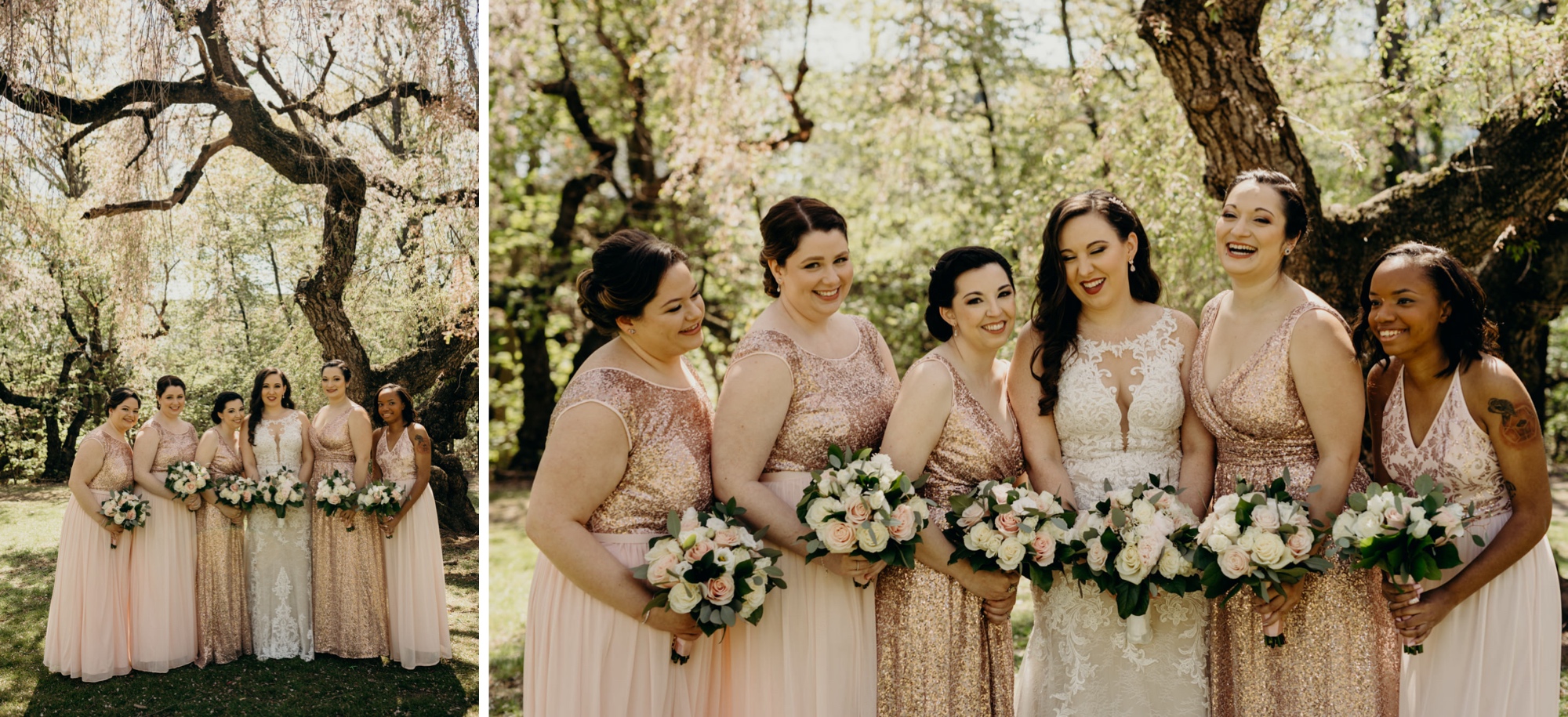 portrait of a bride and her bridesmaids at a park in new jersey
