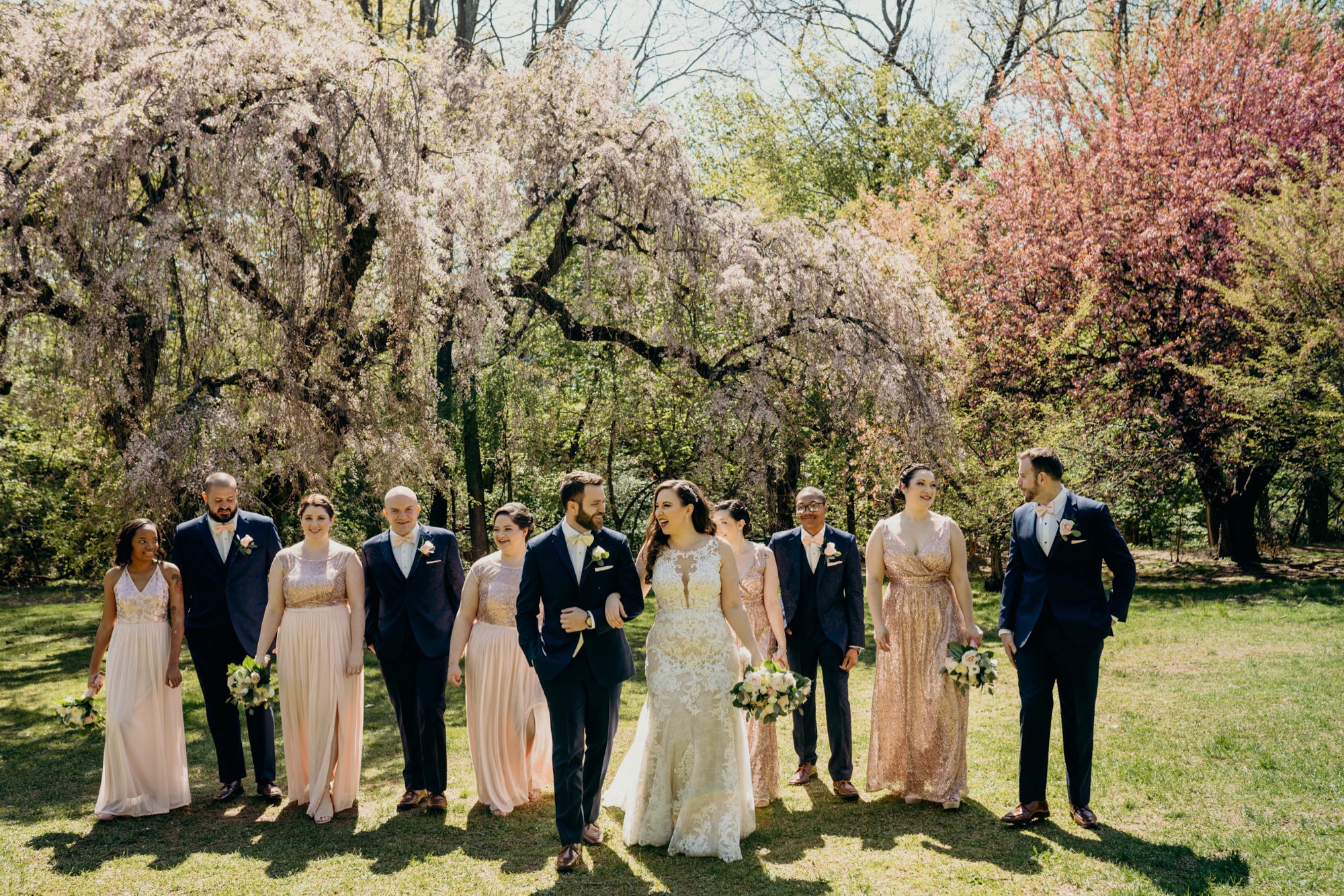 portrait of a bridal party at a park in new jersey during spring