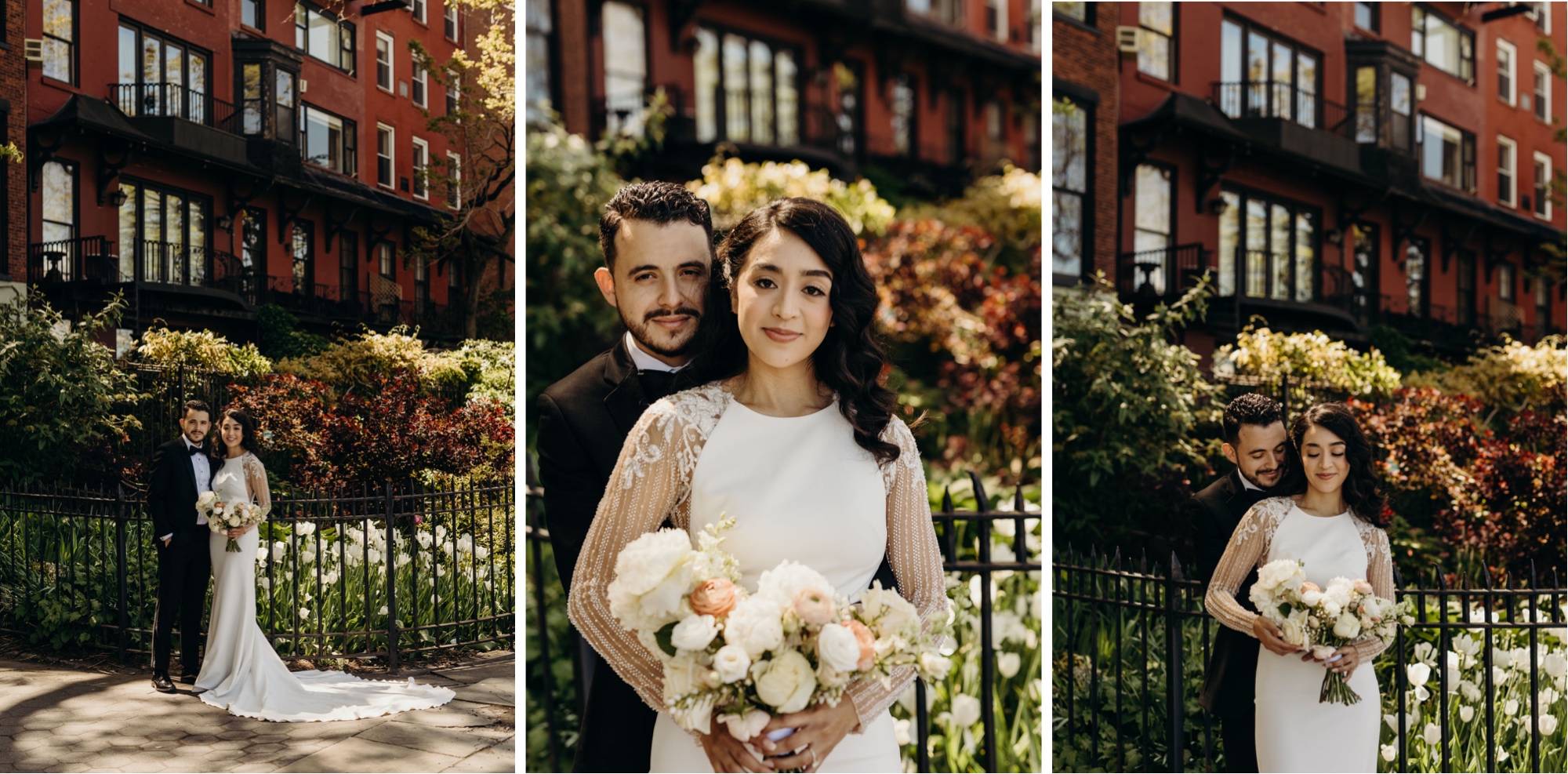 three portraits of a bride and groom looking at the camera in front of a brownstone in brooklyn, new york