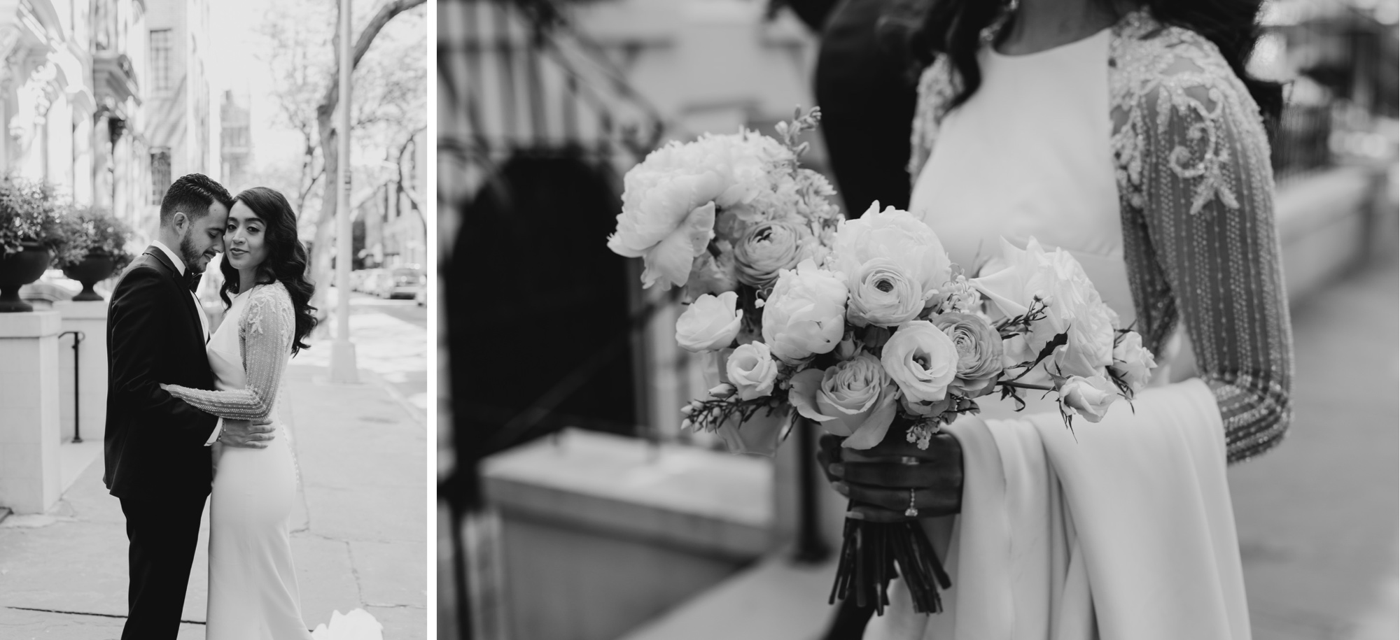 a portrait of a bride and groom on their wedding day and a photo of a bridal bouquet in brooklyn, new york city