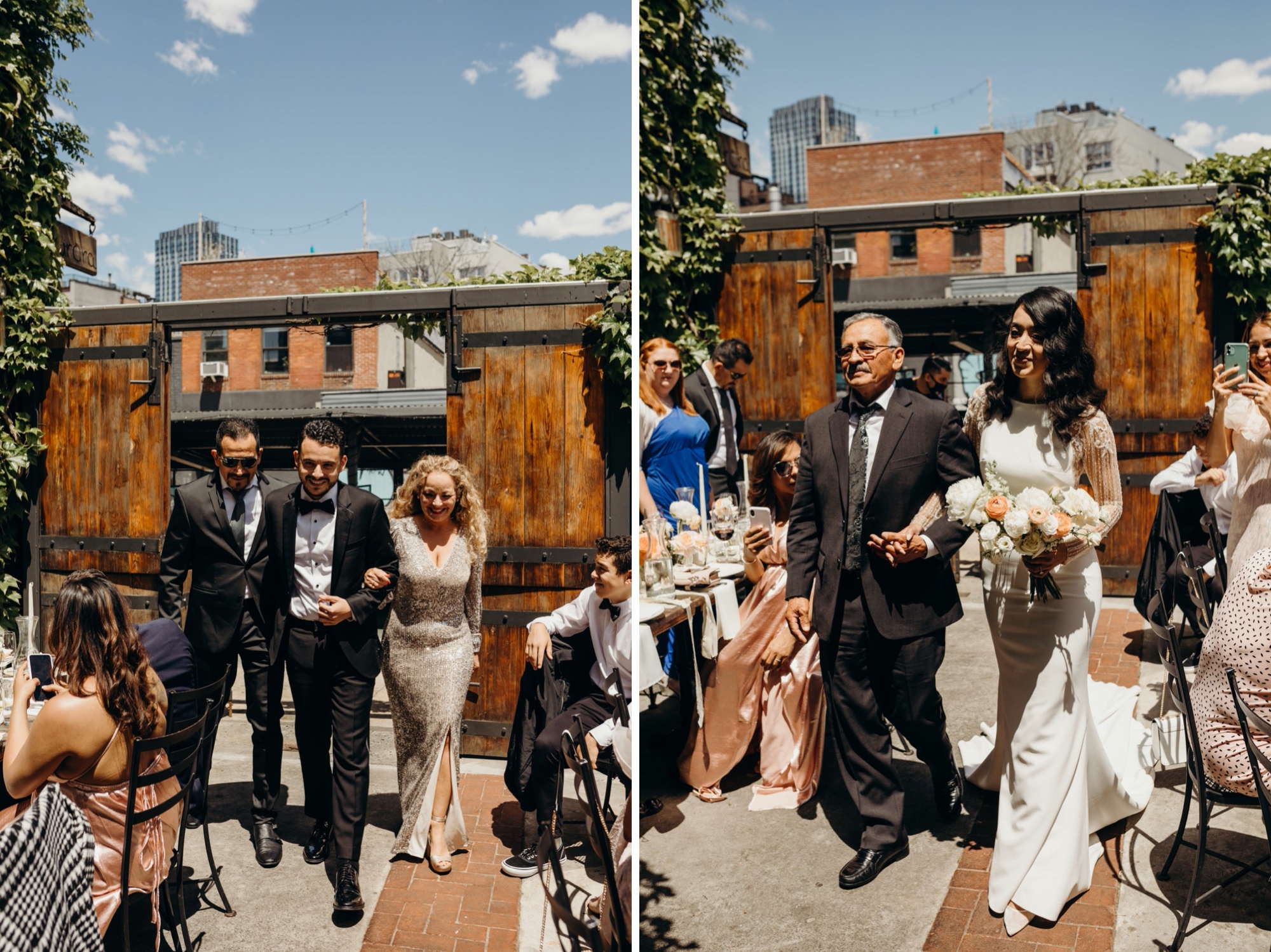 two photos of a bride and groom being escorted into their wedding ceremony by their parents at aurora in brooklyn, new york city
