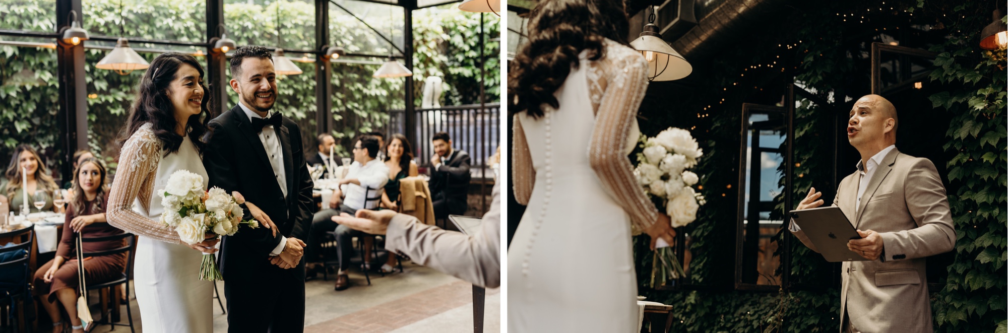 photo of a bride and groom and photo of an officiant speaking during their wedding ceremony at aurora brooklyn in new york city