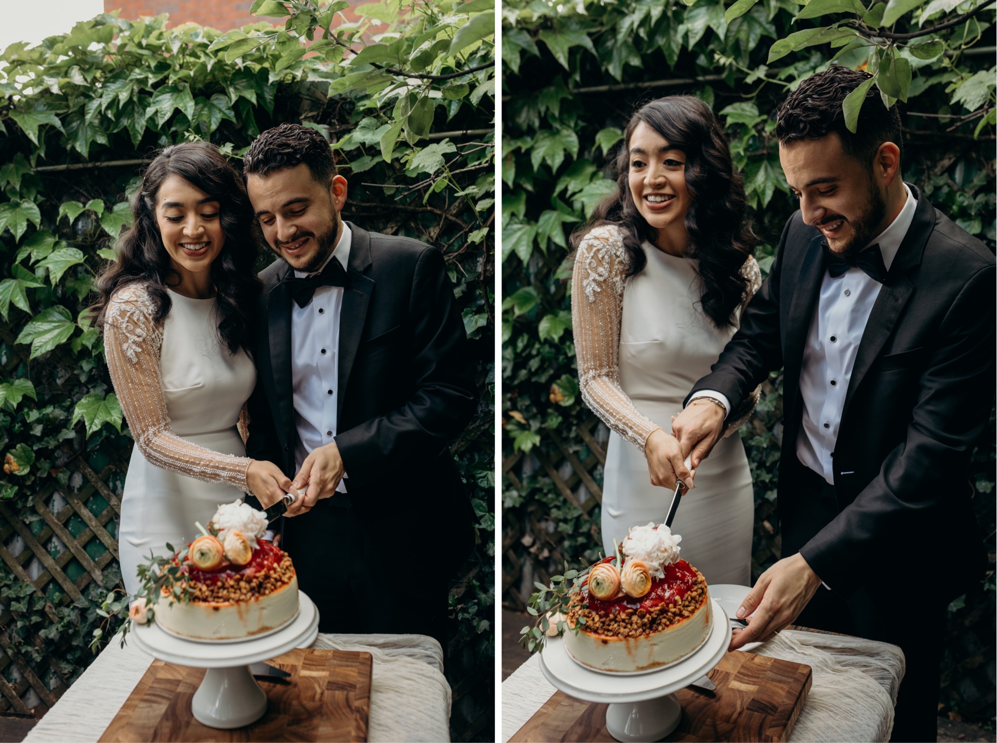 bride and groom cut their wedding cake during their reception at aurora in brooklyn, new york city