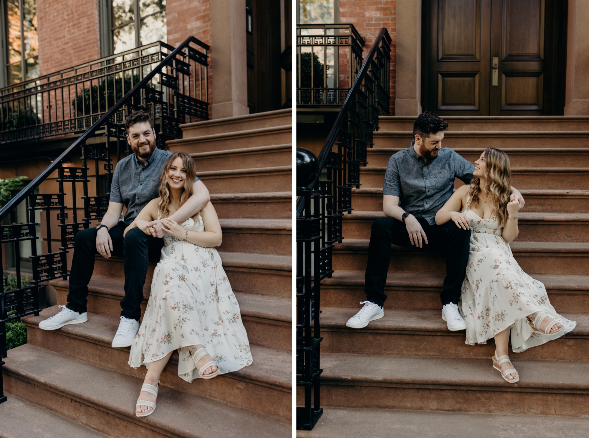 portrait of a couple sitting on brownstone steps during their engagement session at gramercy park in new york city