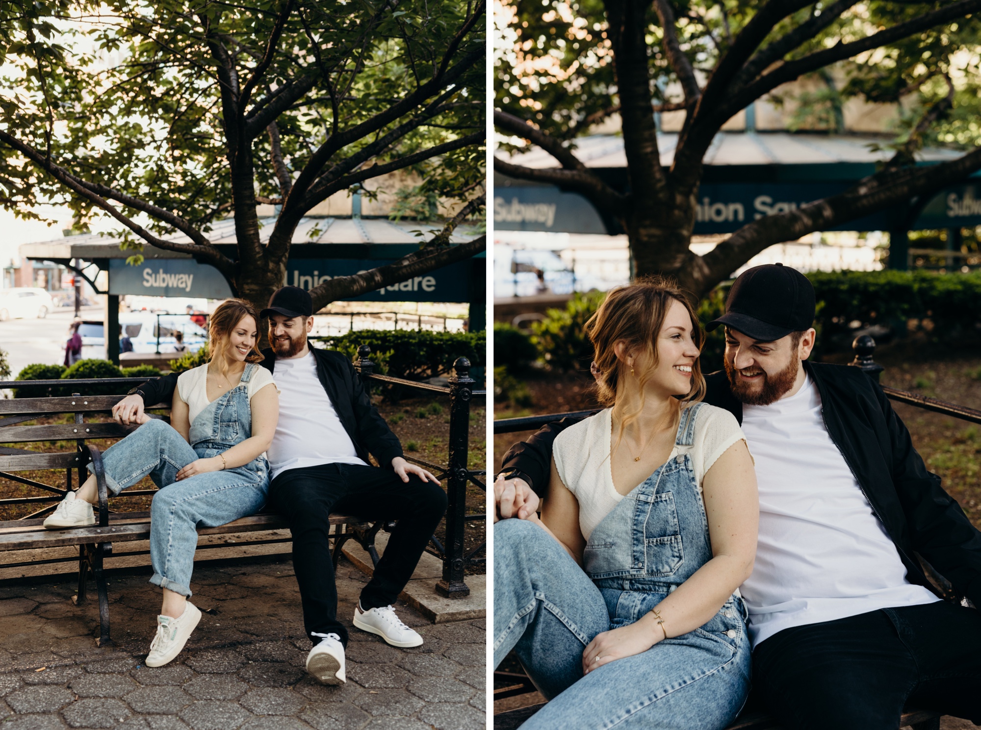portrait of a couple sitting on a bench in union square during their engagement session in new york city