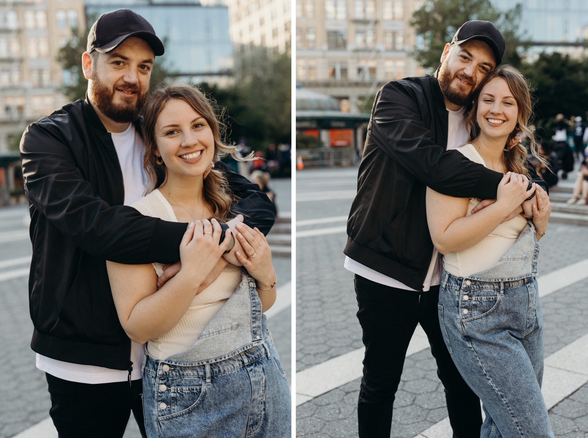 portrait of a couple hugging in union square during their engagement session in new york city
