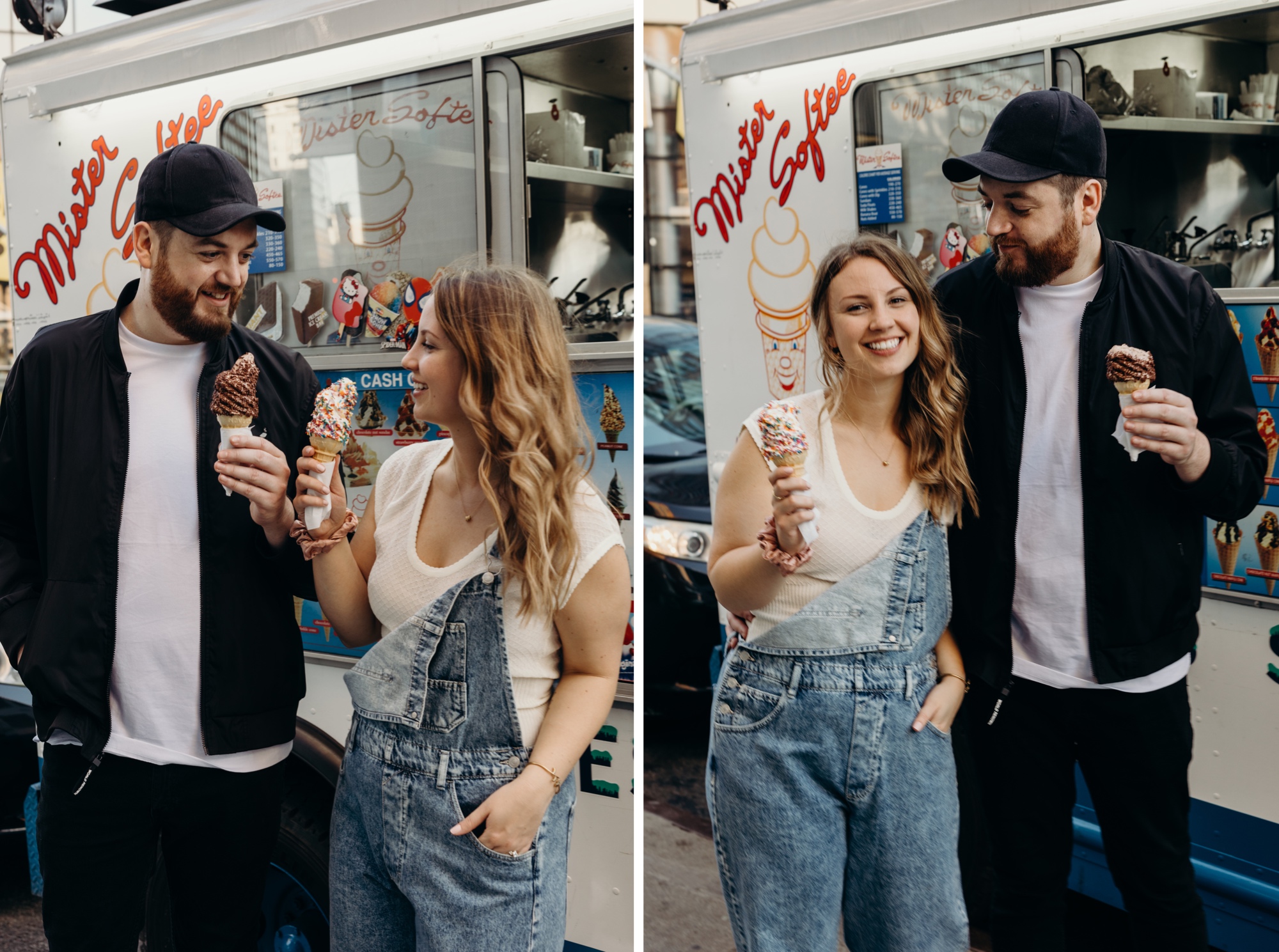 portrait of a couple eating ice cream during their engagement session at mister softee in new york city