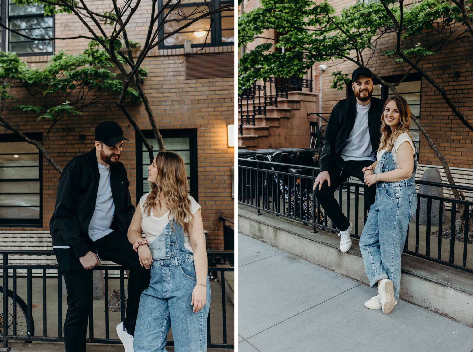 portrait of a couple outside an apartment during their engagement session at gramercy park in new york city