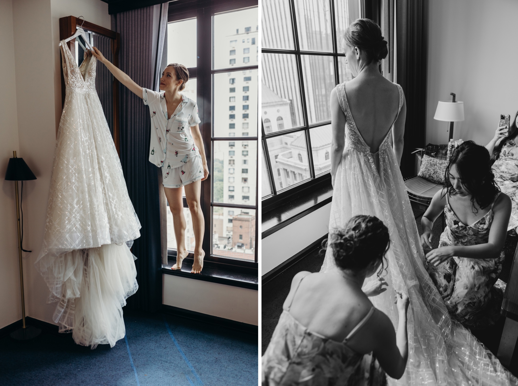 bride getting into her wedding dress at le parker meridien in new york city