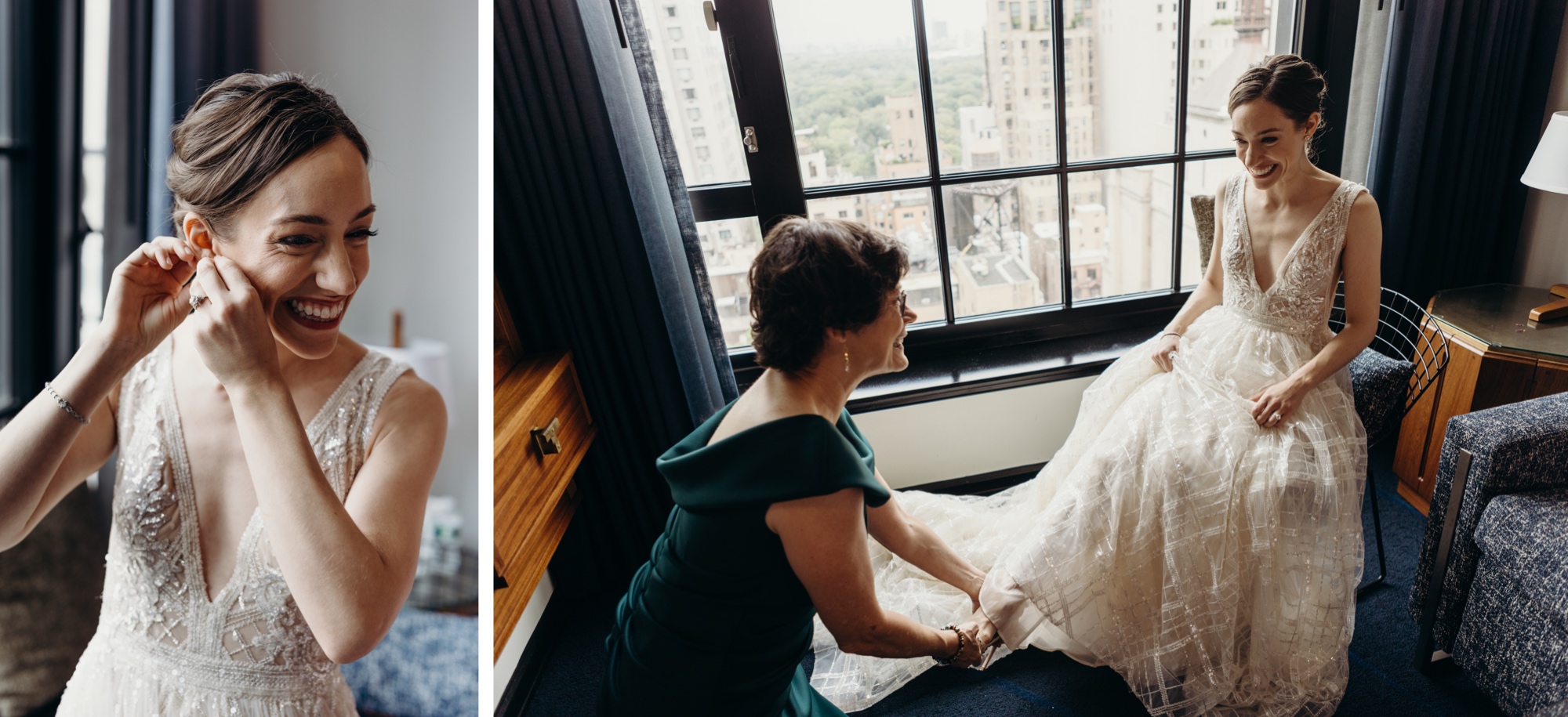 bride getting into her wedding dress and putting earrings on at le parker meridien in new york city