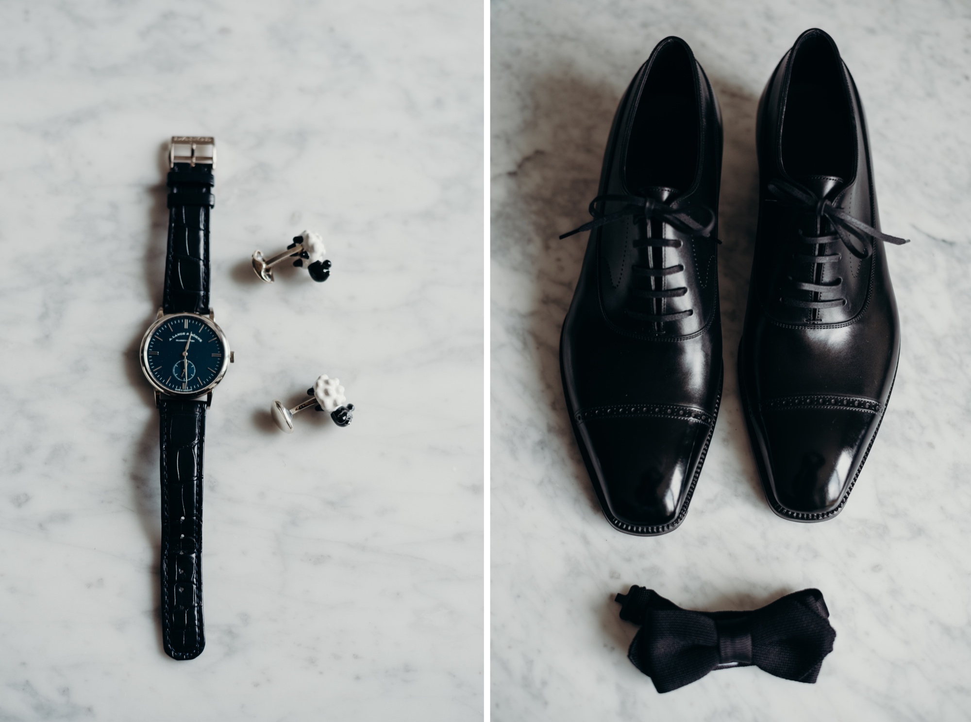 grooms details including shoes, watch, sheep cufflinks and bowtie in new york city