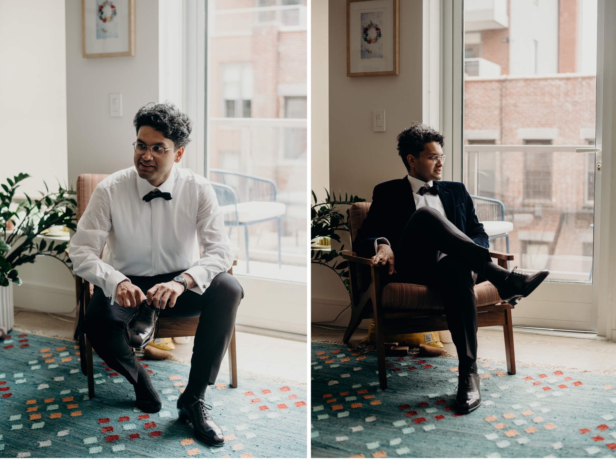 two portraits of a groom putting his shoes on and sitting in front of a window in his home in new york city