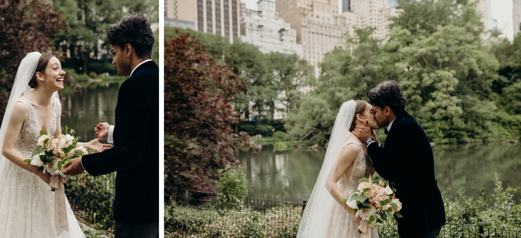 bride and groom seeing each other for the first time during their first look at gapstow bridge in central park, new york city