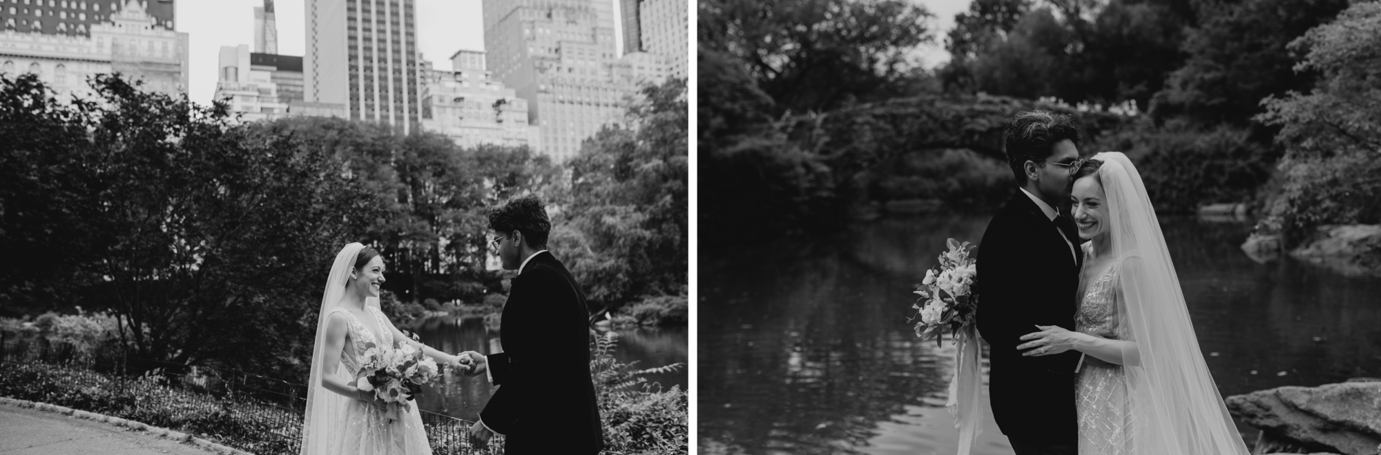portrait of a bride and groom on their wedding day at gapstow bridge in central park, new york city