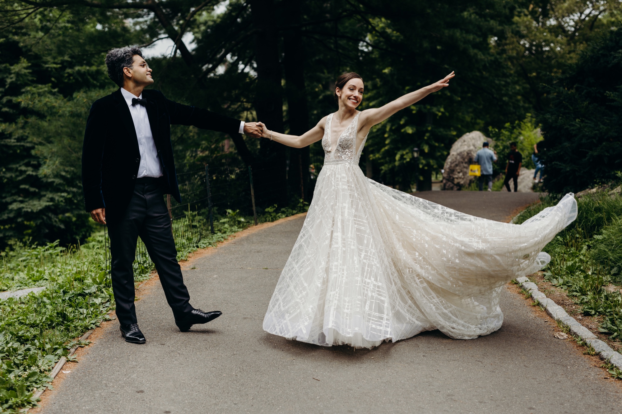 portrait of a bride and groom on their wedding day in central park, new york city