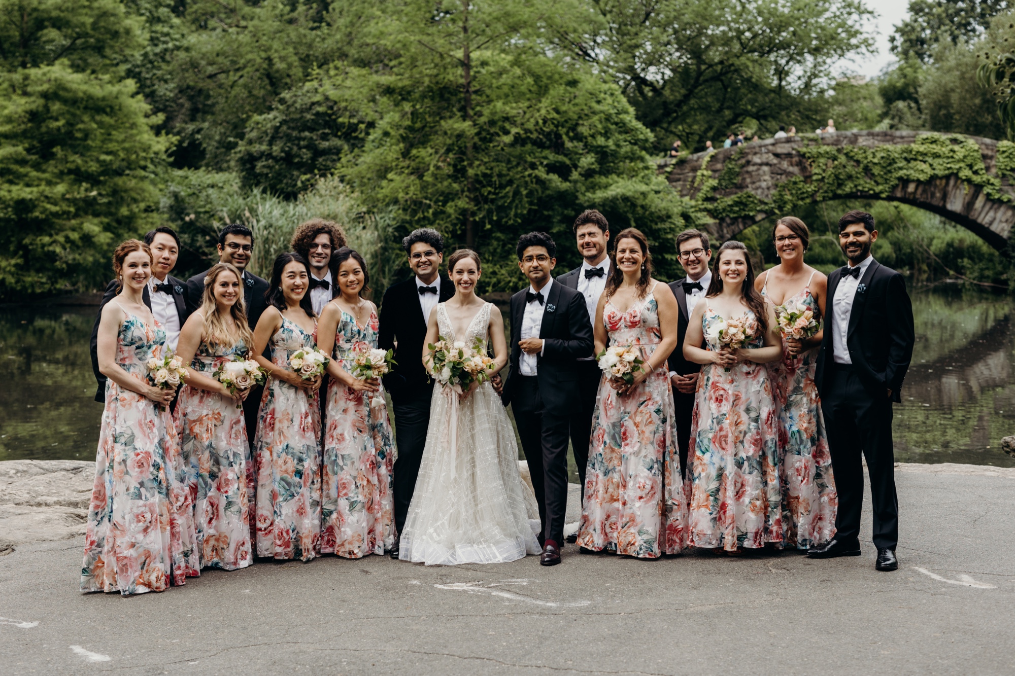 portrait of a wedding party in central park