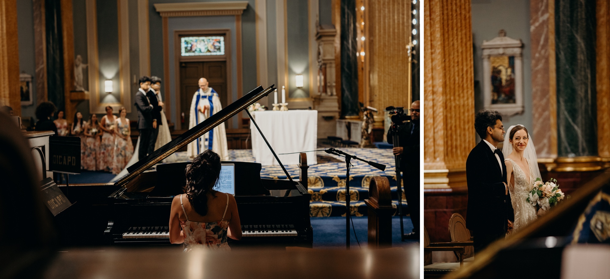 bridesmaid plays piano as bride and groom look on during their wedding ceremony in new york city