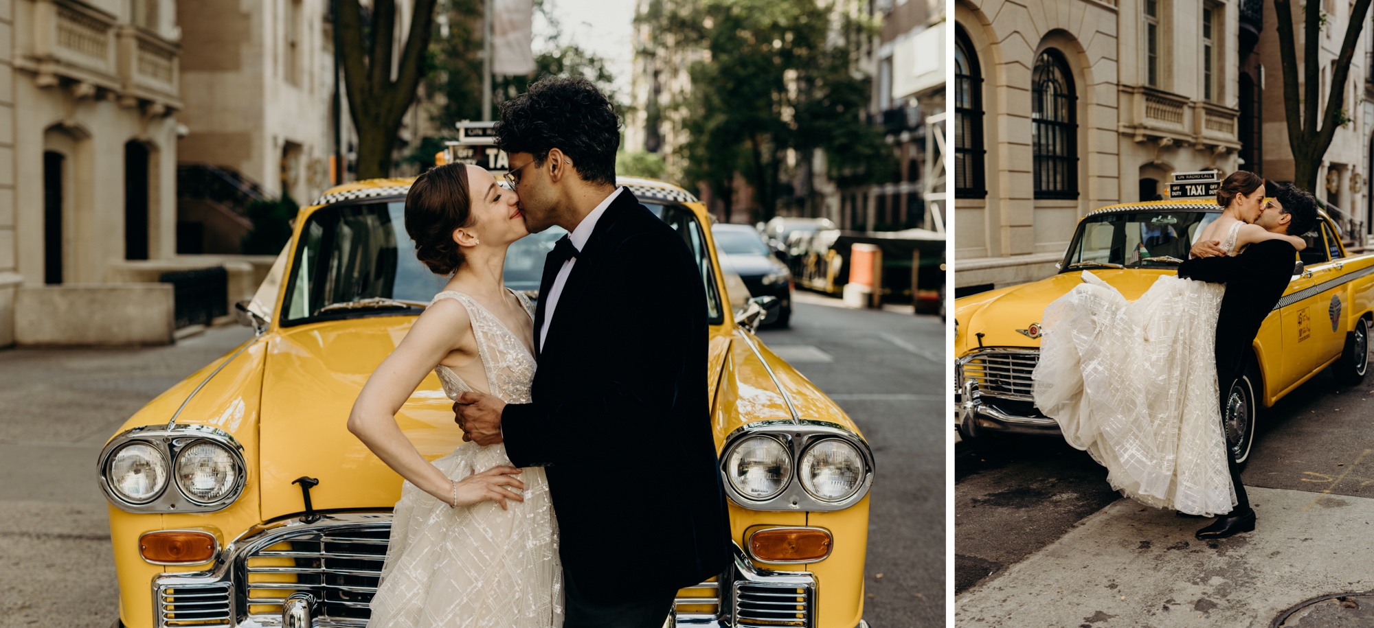portrait of a bride and groom kissing and hugging in front of a vintage yellow cab in new york city