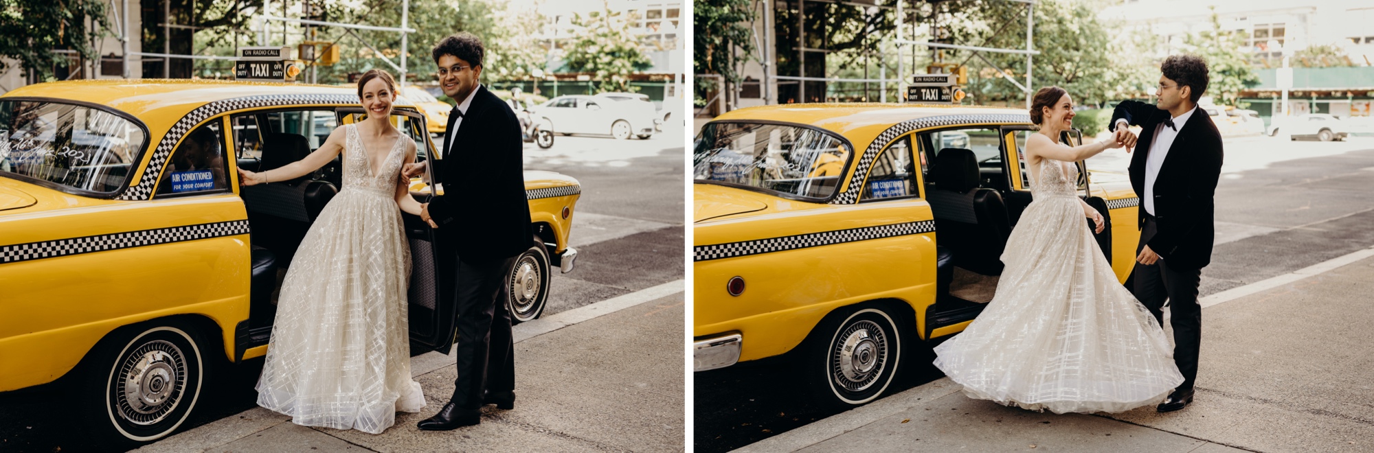portrait of a bride and groom dancing in front of a vintage yellow cab in new york city