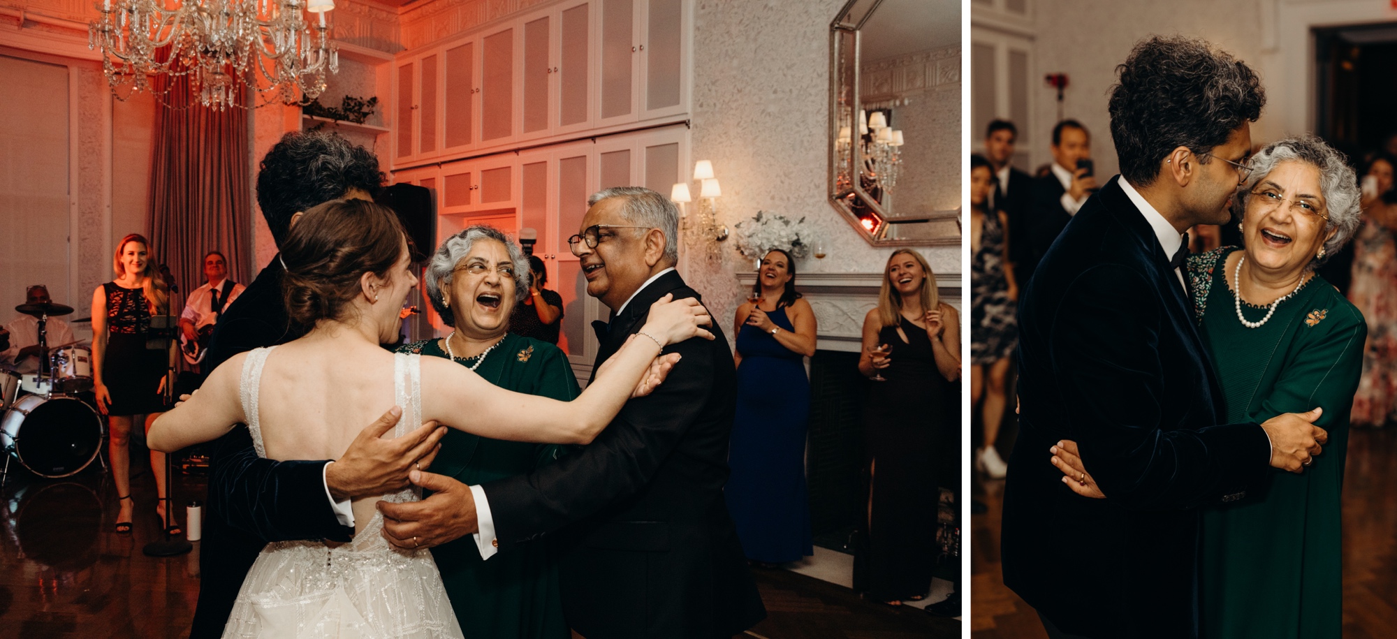 groom dances with his mother and family during parent dances at harold pratt house, new york city