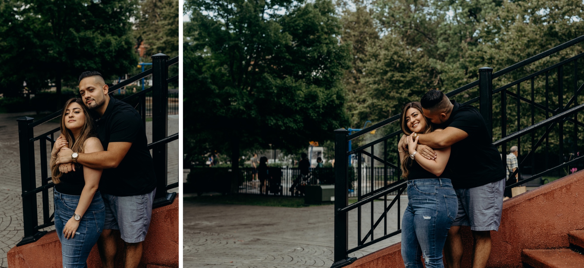 two portraits of a couple standing on steps in a park with arms around each other, laughing