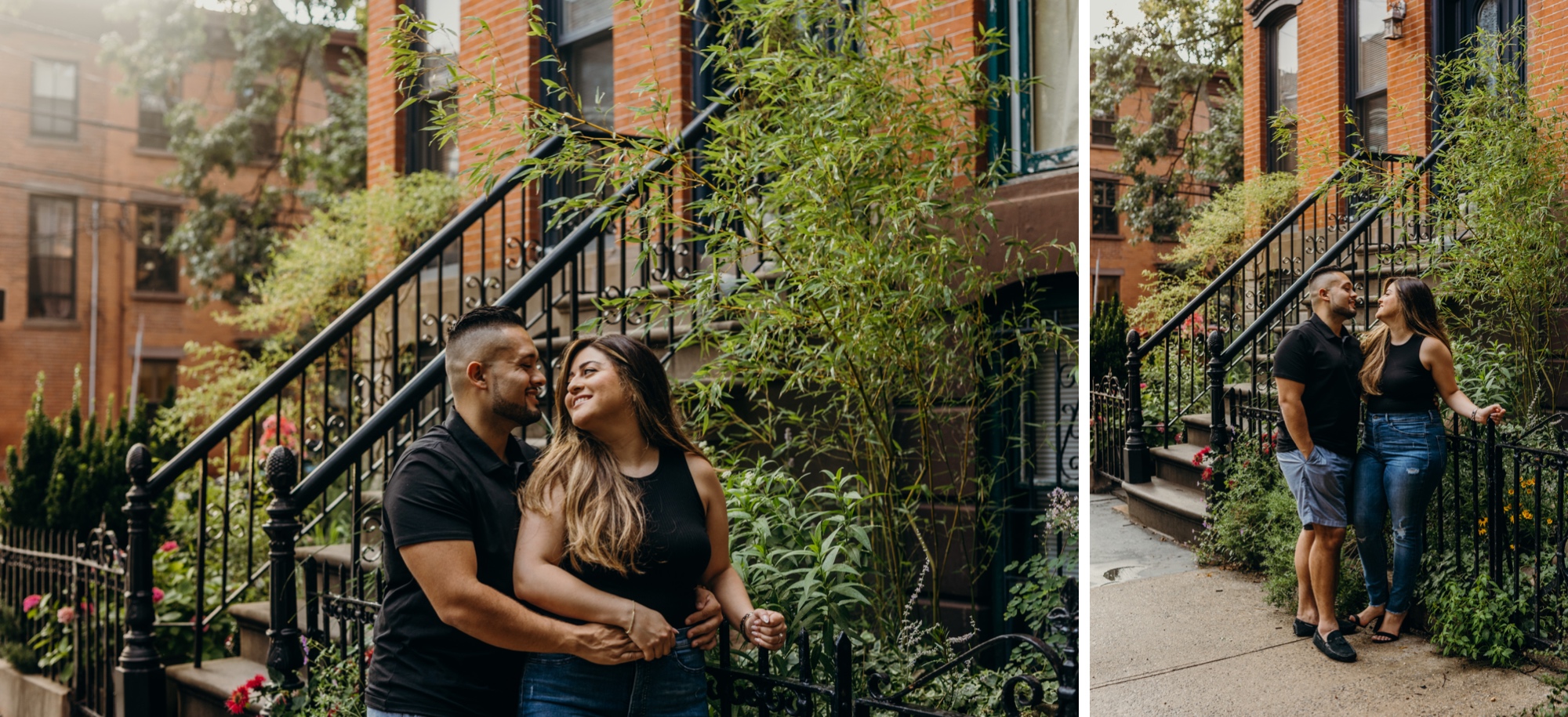 portraits of a couple standing in front of a brownstone, holding each other and laughing