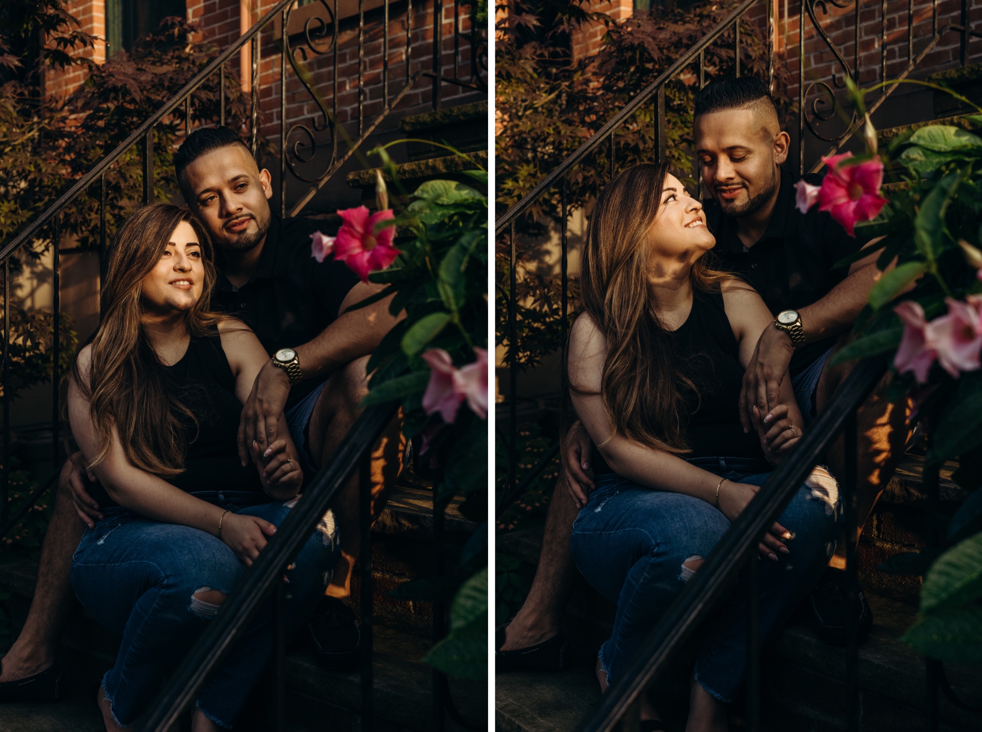two photos of a couple sititng on a brownstone stoop, one looking into the distance and the other they are looking at each other