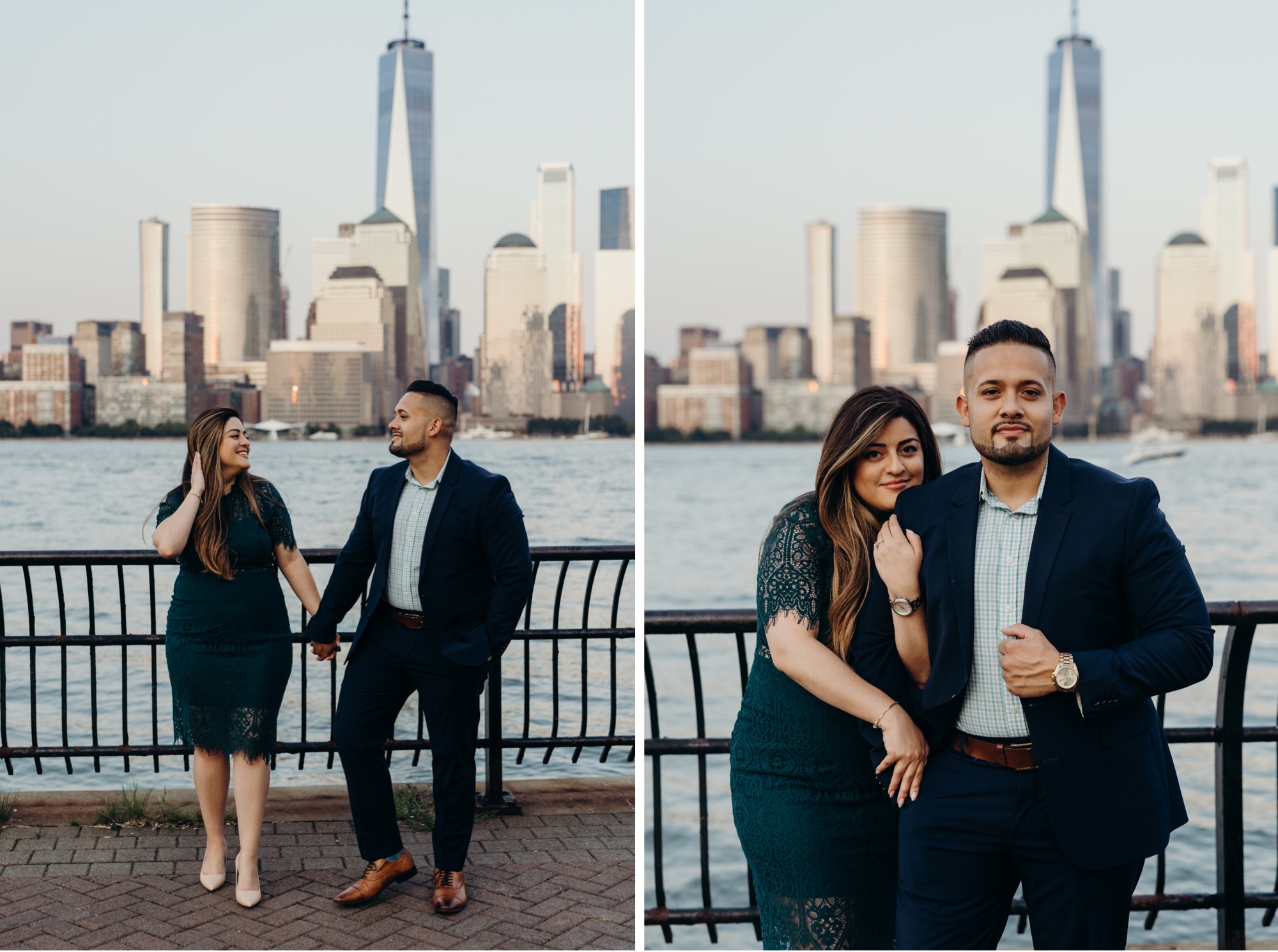 two photos of a couple standing in front of a skyline featuring one world trade