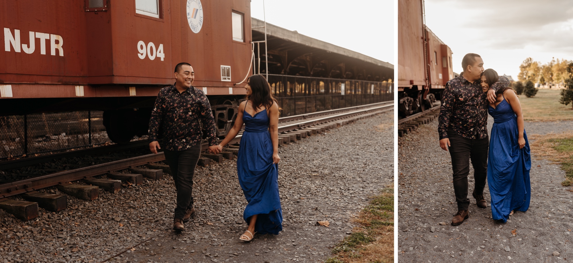 a couple poses by a train at liberty state park at sunset