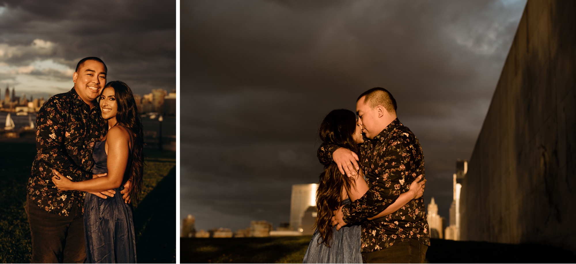 two photos of a couple hugging in front of the new york city skyline at sunset