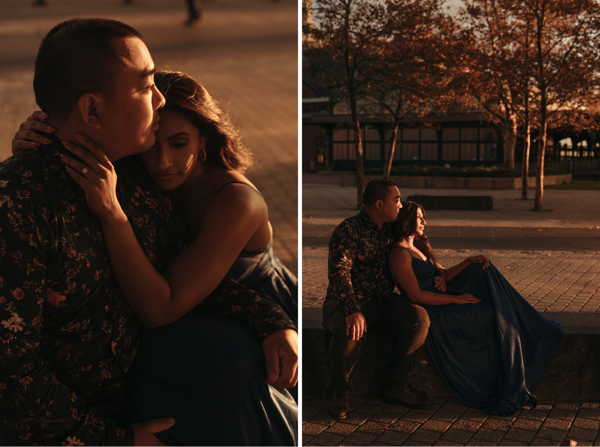 (L) a couple hugs during sunset (R) a couple sits on a bench together looking to the right during sunset