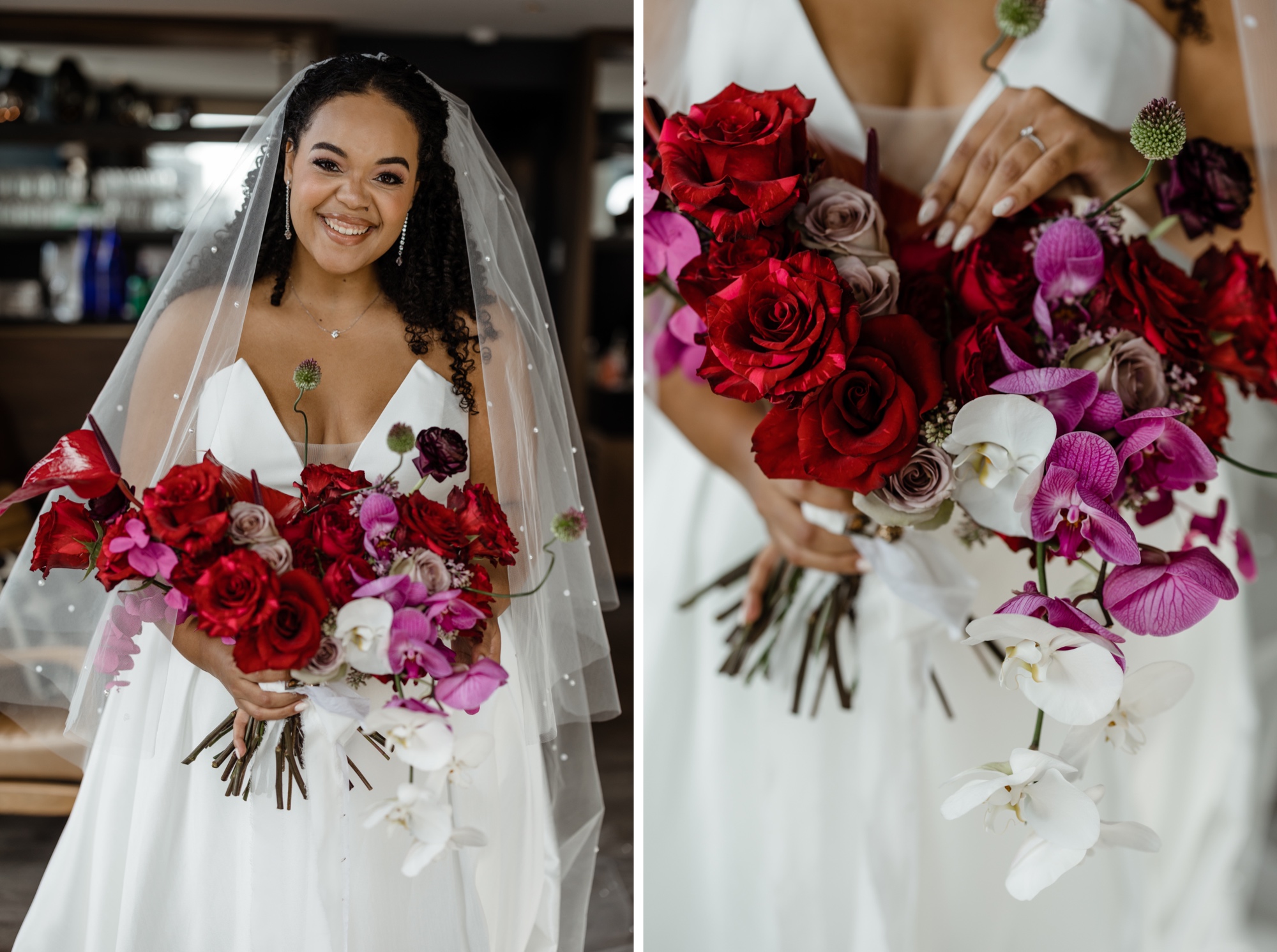 bride holding her wedding bouquet with red and pink flowers