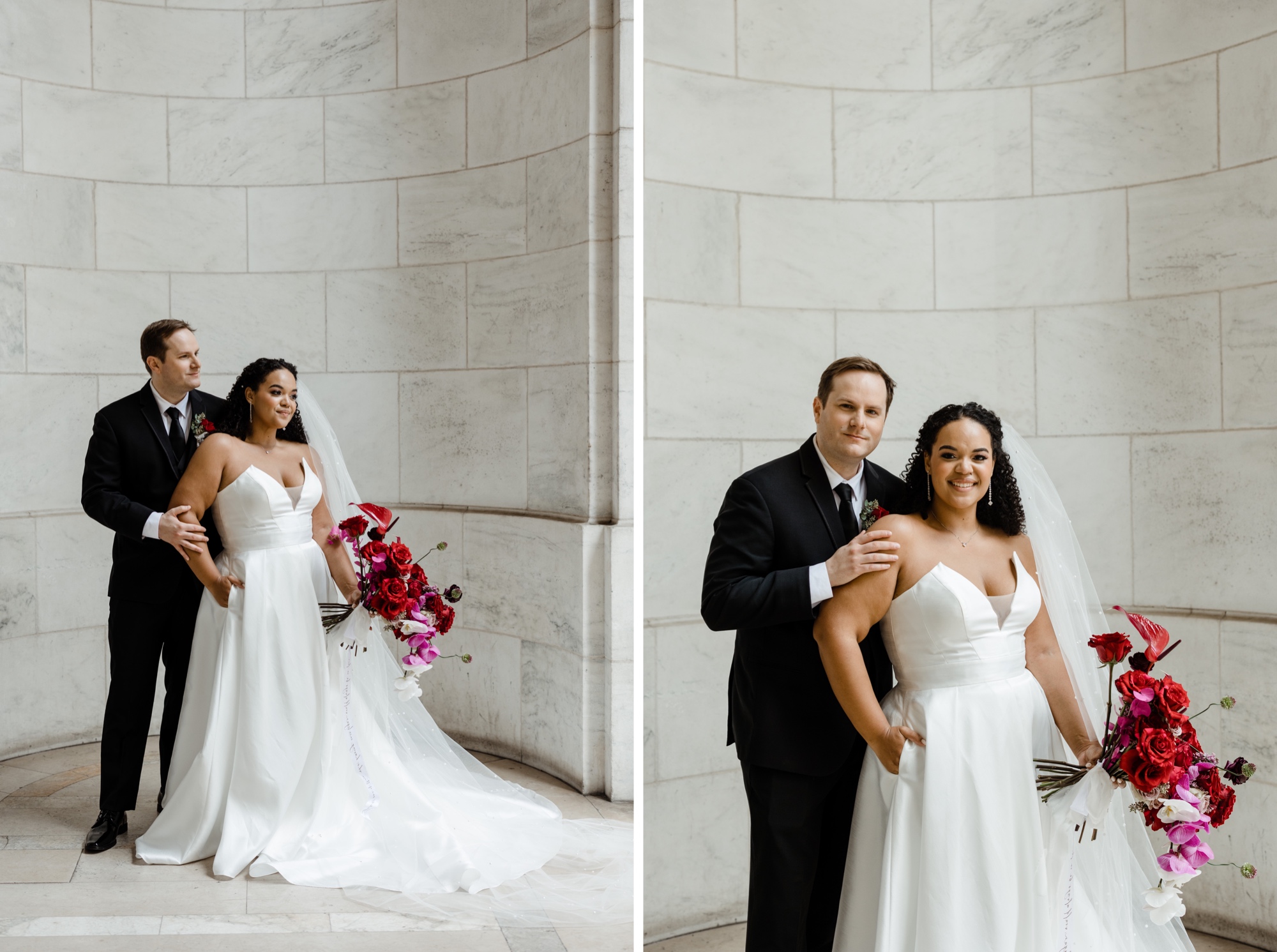 editorial portrait of bride and groom at nypl