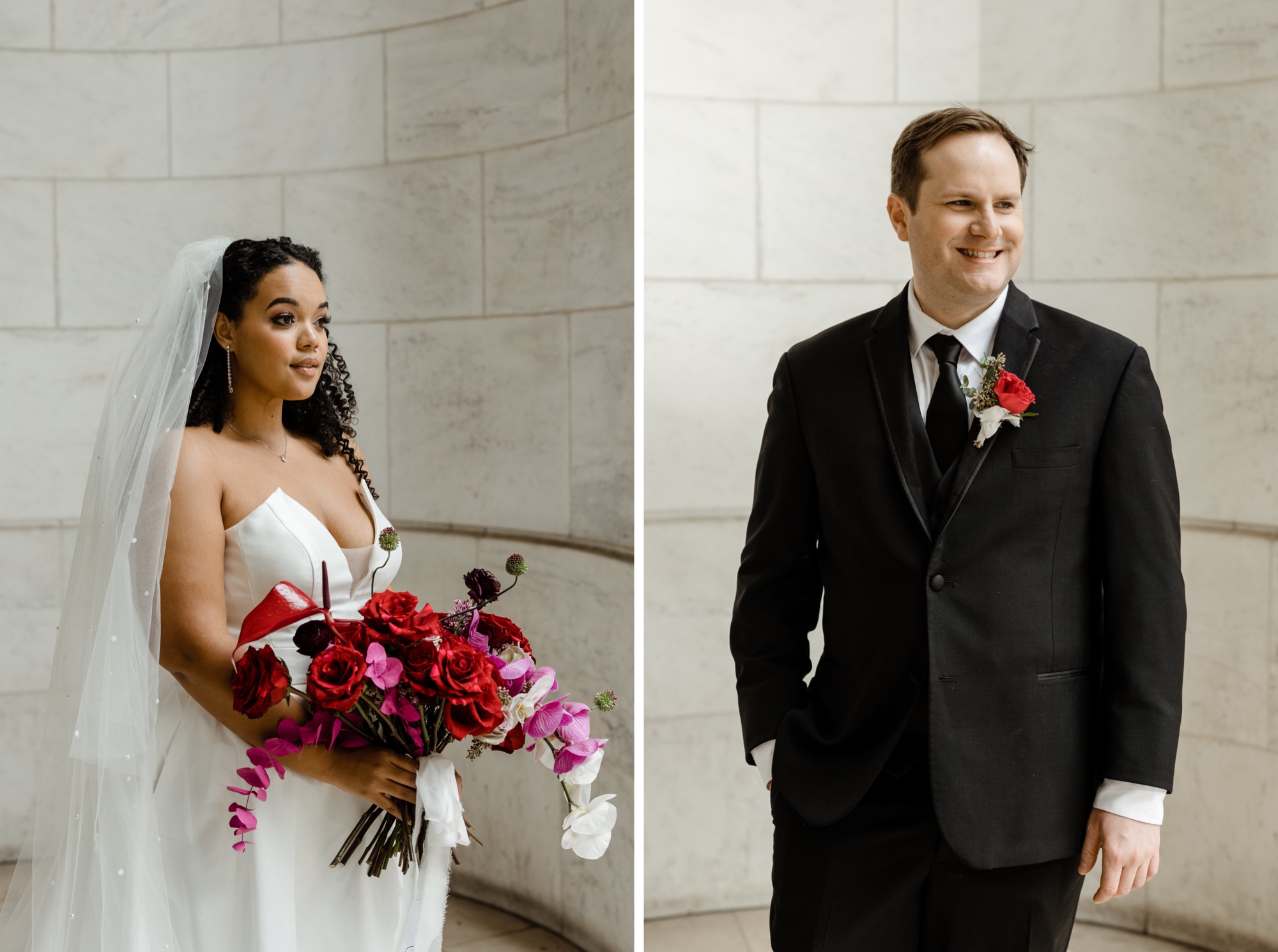 editorial portrait of bride and groom at nypl
