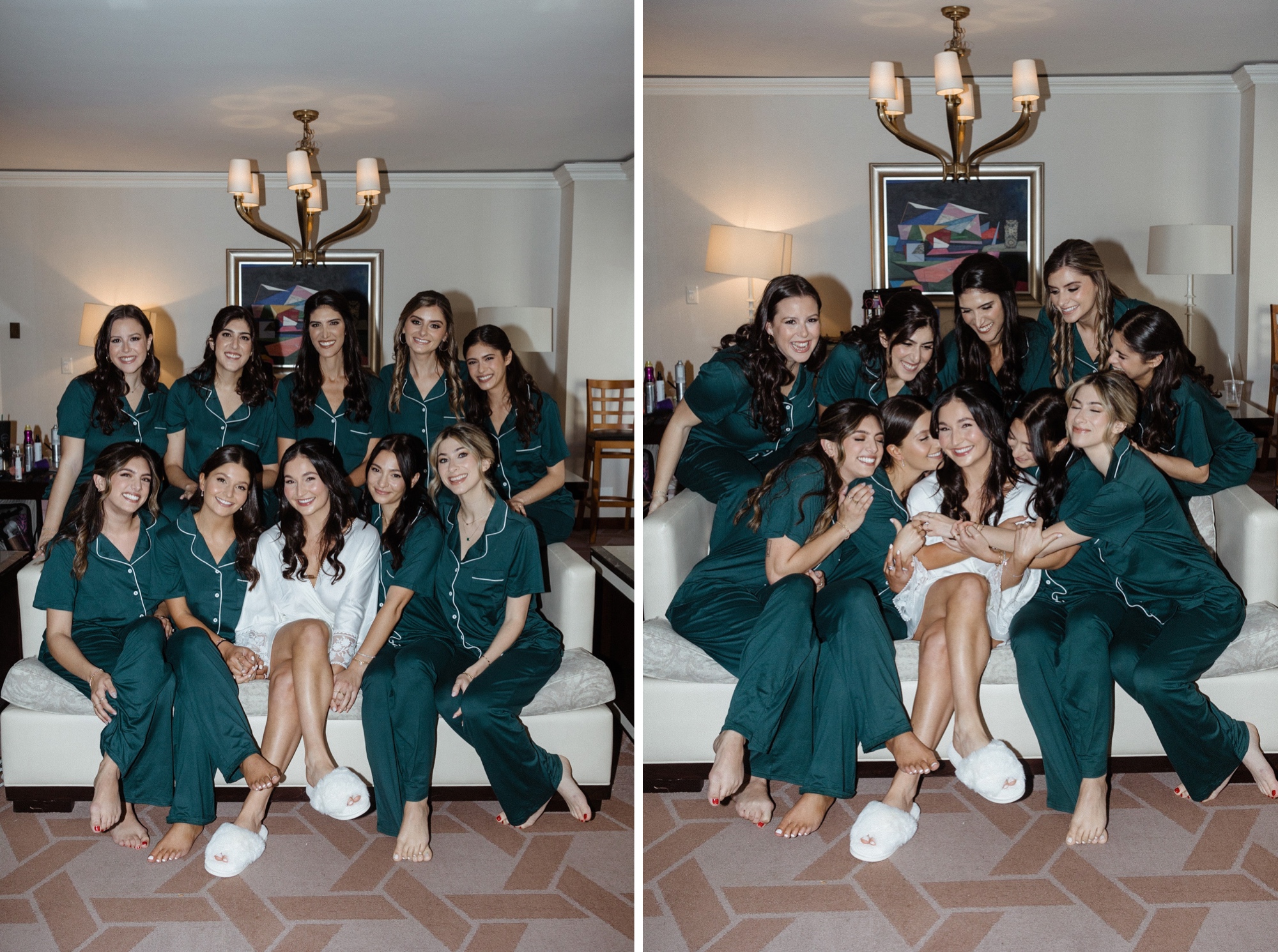 two candid flash photos of a bridesmaid sitting on a couch being hugged by her bridesmaids