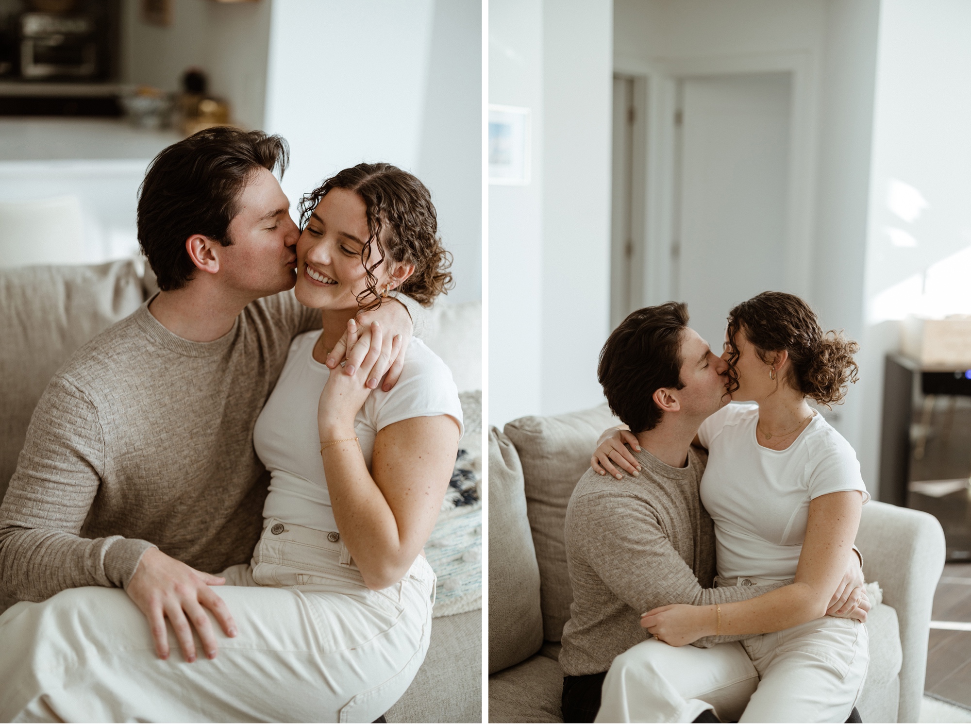 two photos of a couple in an apartment cuddline