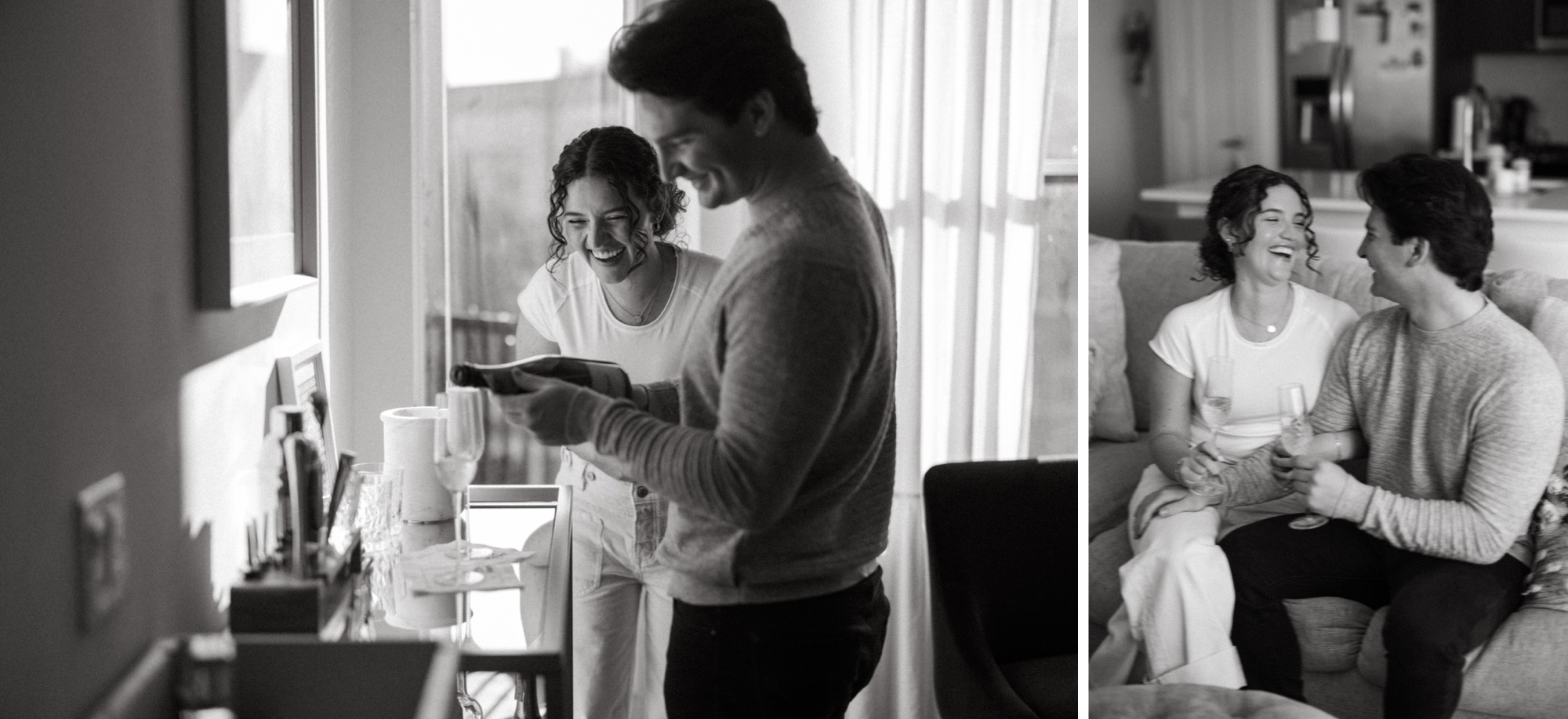 two photos of a couple pouring champagne and sitting on the couch in their living room