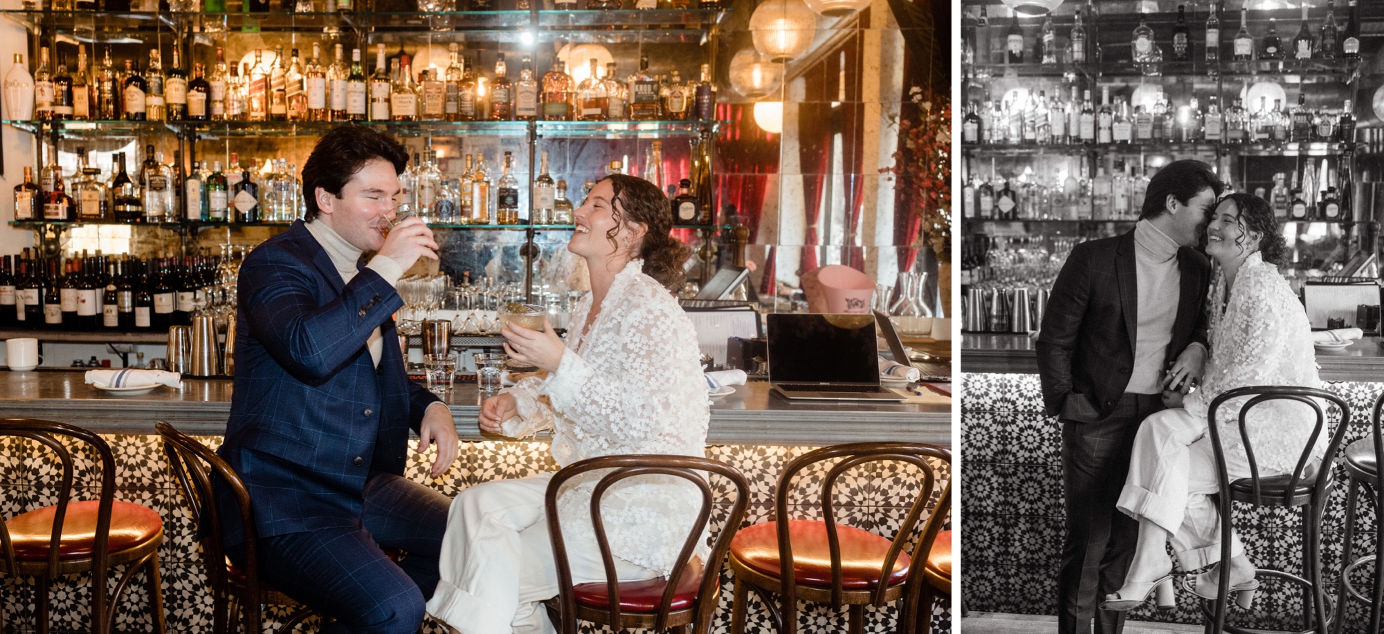 two photos of a couple sitting at a bar in hoboken, new jersey